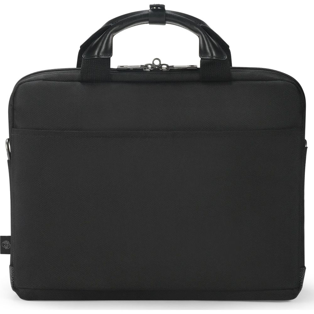 Borsa nera per laptop con manico in pelle e zip argentate.