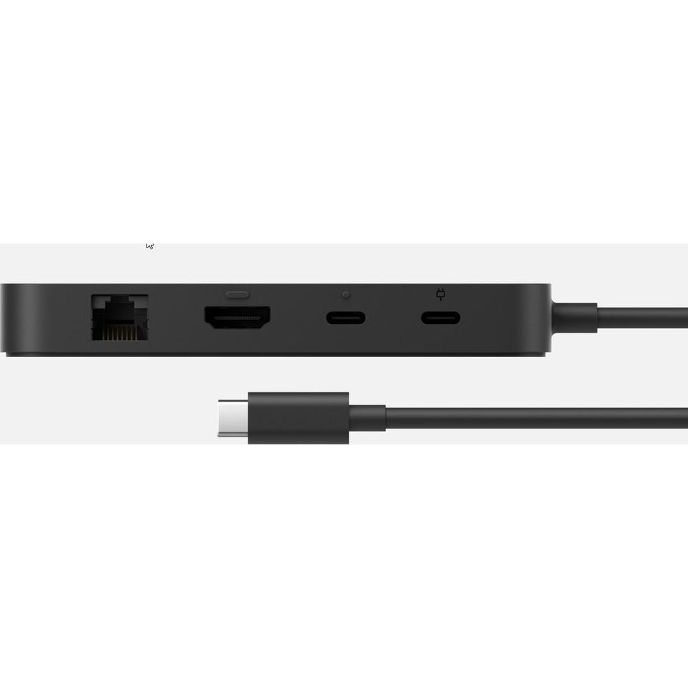 Un adattatore docking station nero con porte Ethernet, HDMI e USB-C.