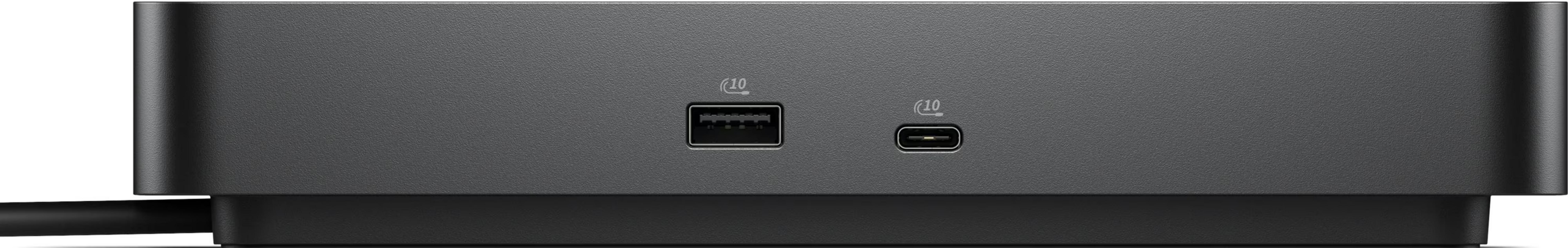 Station d'accueil noire avec ports USB-A et USB-C, marqués de symboles.