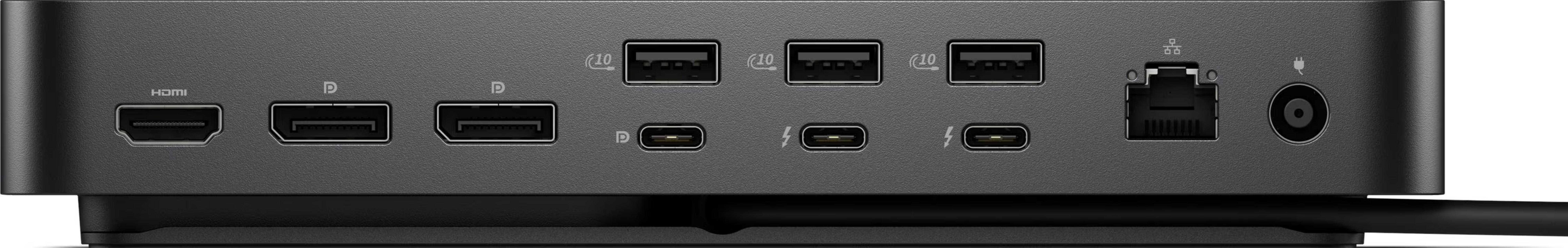 Arrière d'une station d'accueil noire avec ports : HDMI, USB-A, USB-C, Ethernet et alimentation.