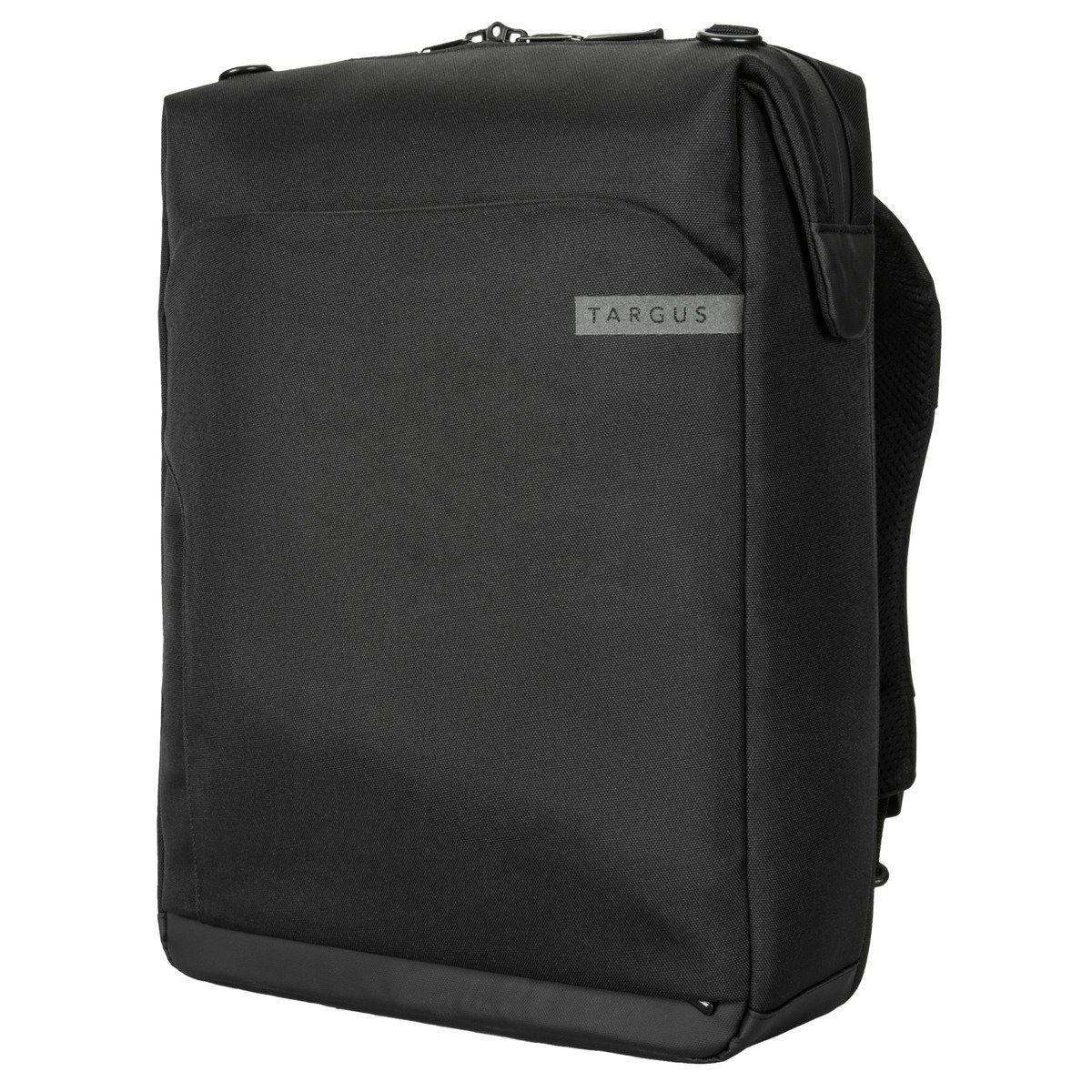 Schwarzer Targus Rucksack mit grauem Logo, auf weißem Hintergrund.