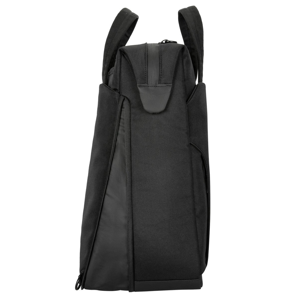 Eine schwarze Tasche mit zwei Henkeln, auf weißem Hintergrund.