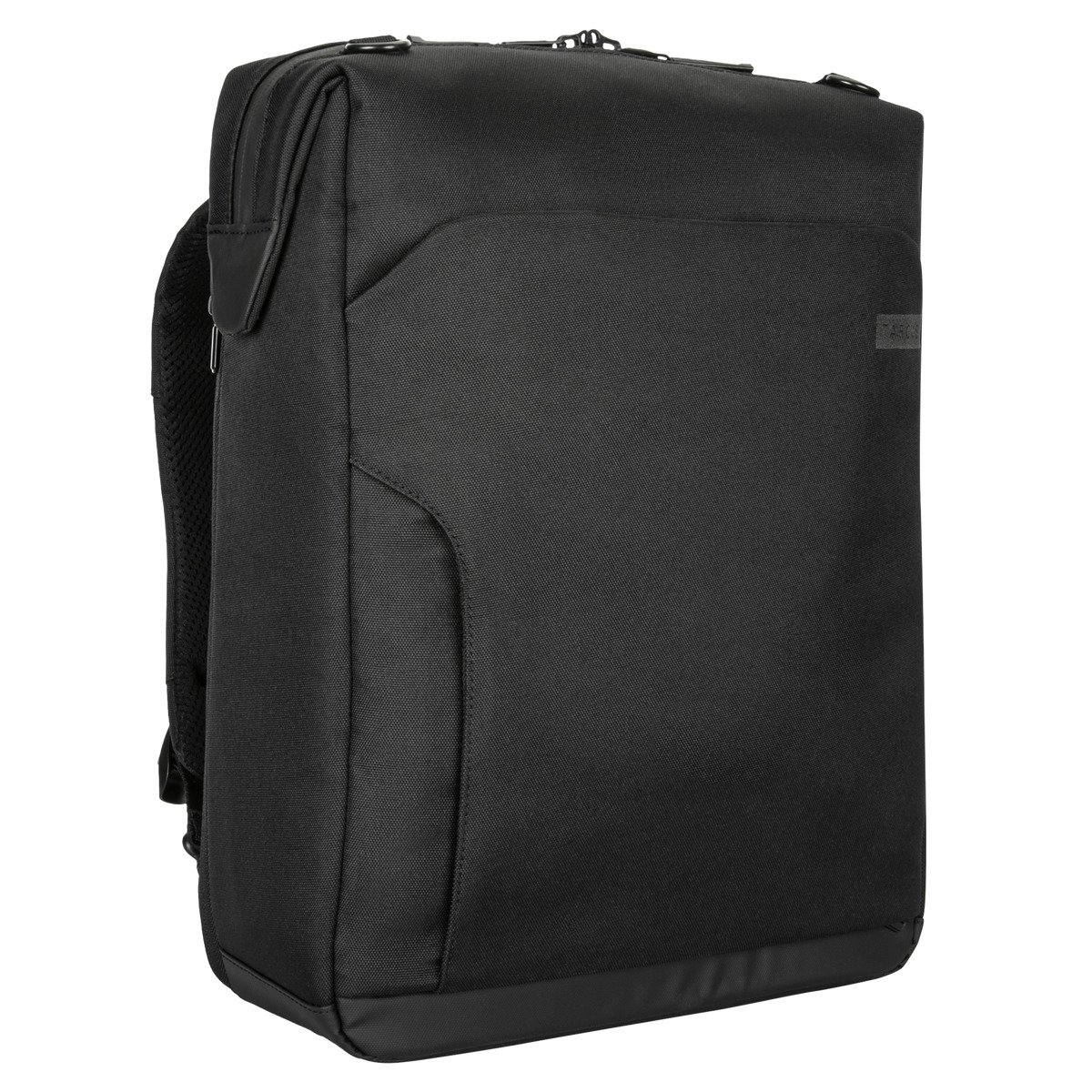 Schwarzer Rucksack mit Reißverschlüssen und Schultergurten, rechte Seite sichtbar.