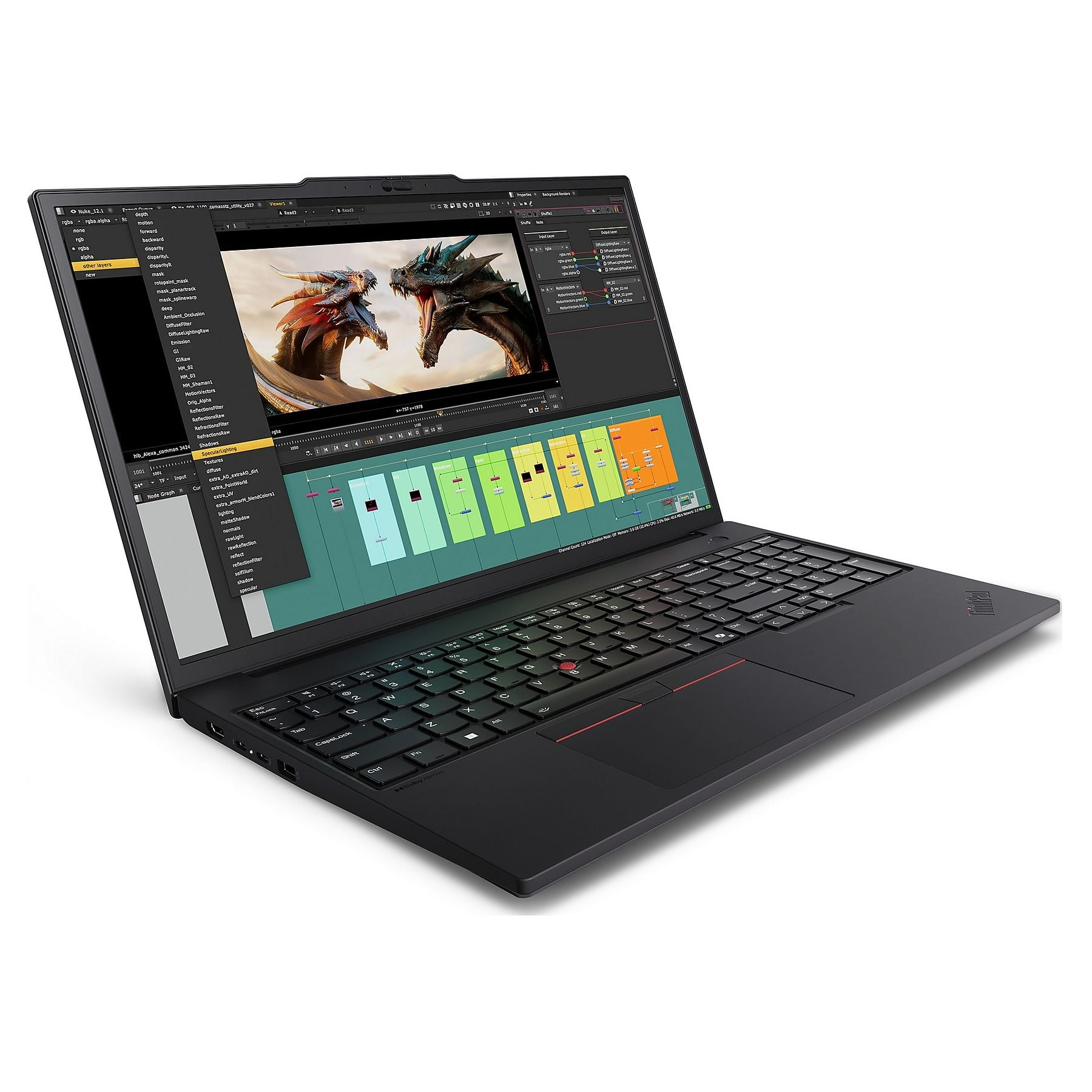 Un laptop nero con lo schermo aperto, che mostra un'animazione 3D di draghi.