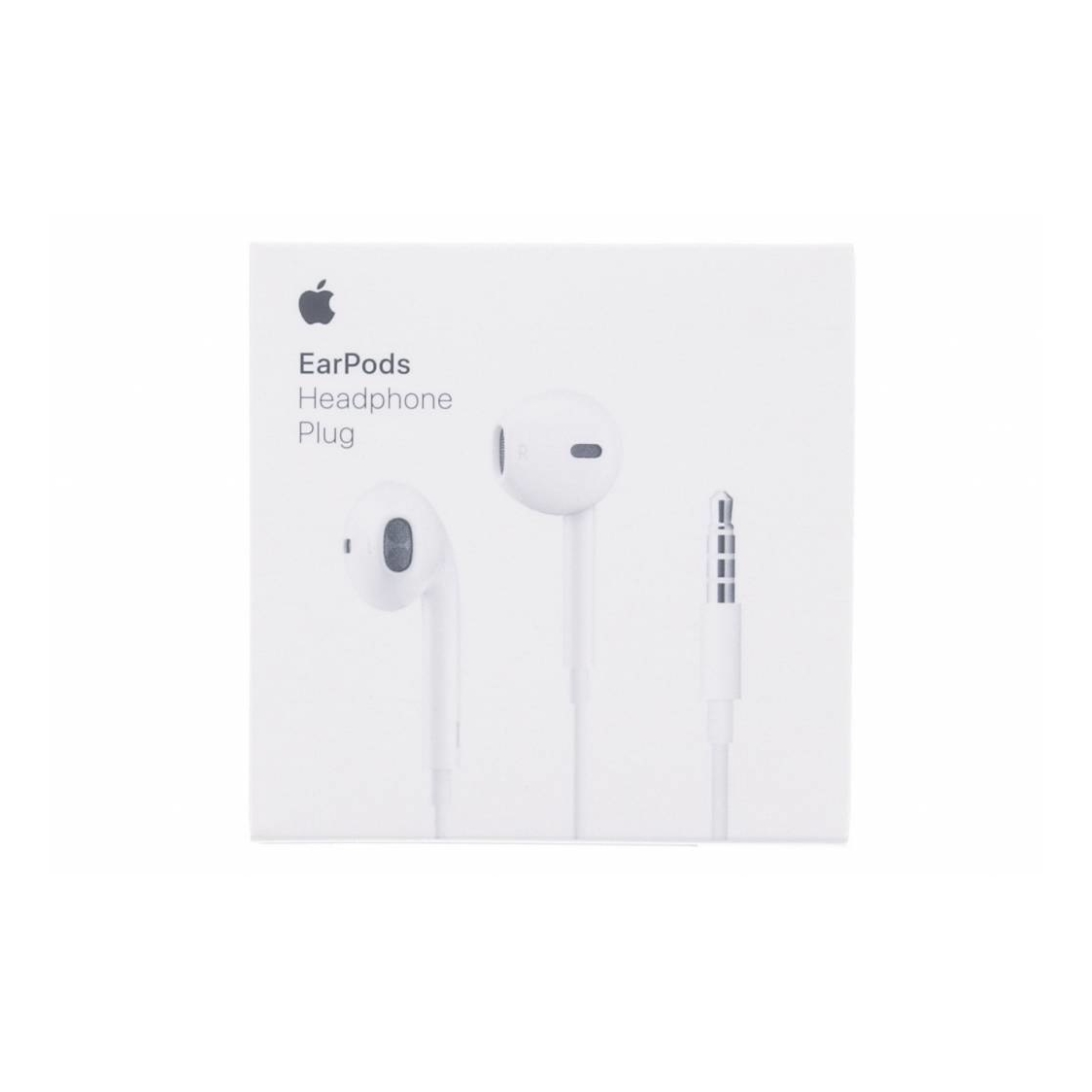 Opakowanie białych słuchawek Apple EarPods ze złączem Lightning, pokazujące słuchawkę i wtyczkę.