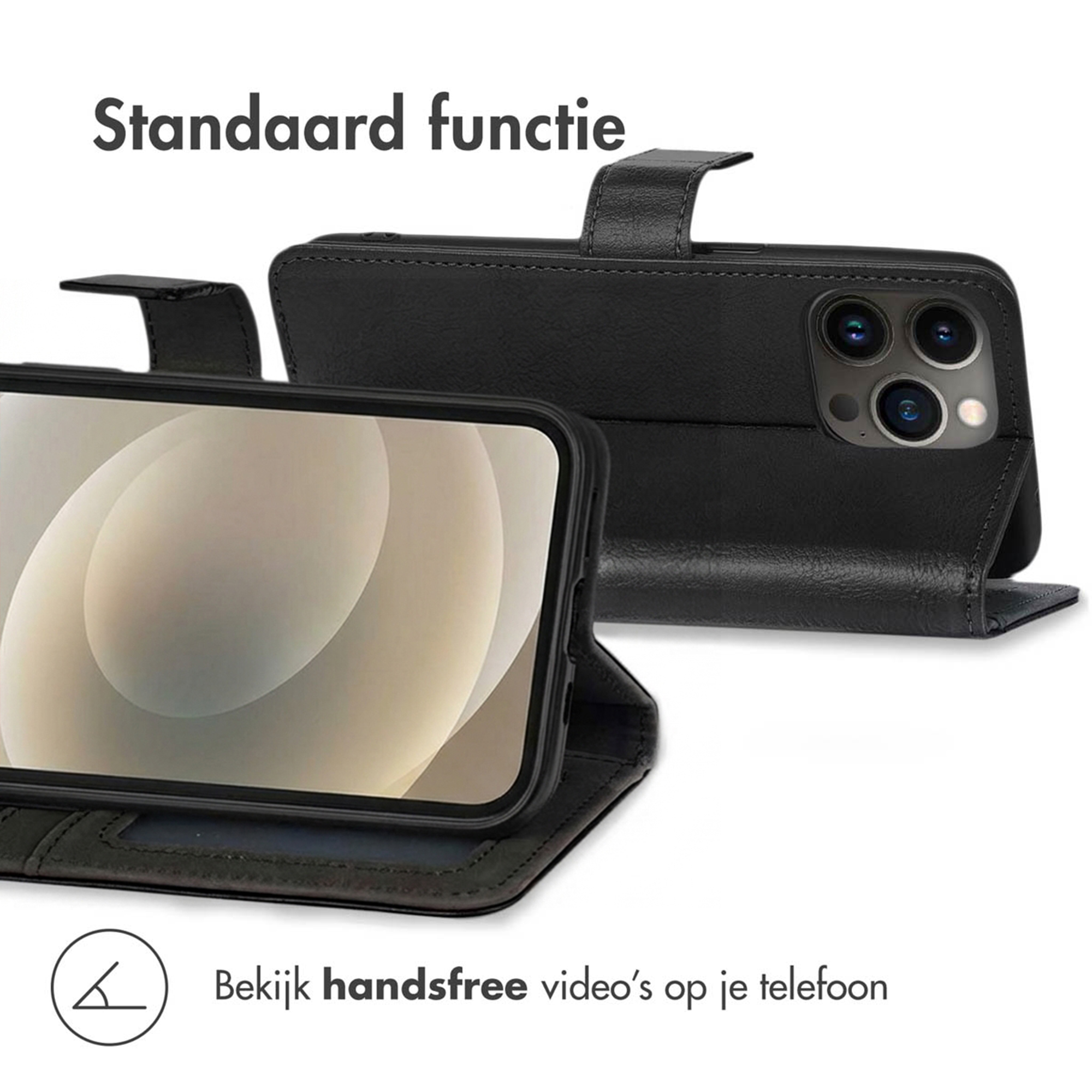 Zwart telefoon flipcase met camerabescherming en telefoon. Tekst: Standaard functie.