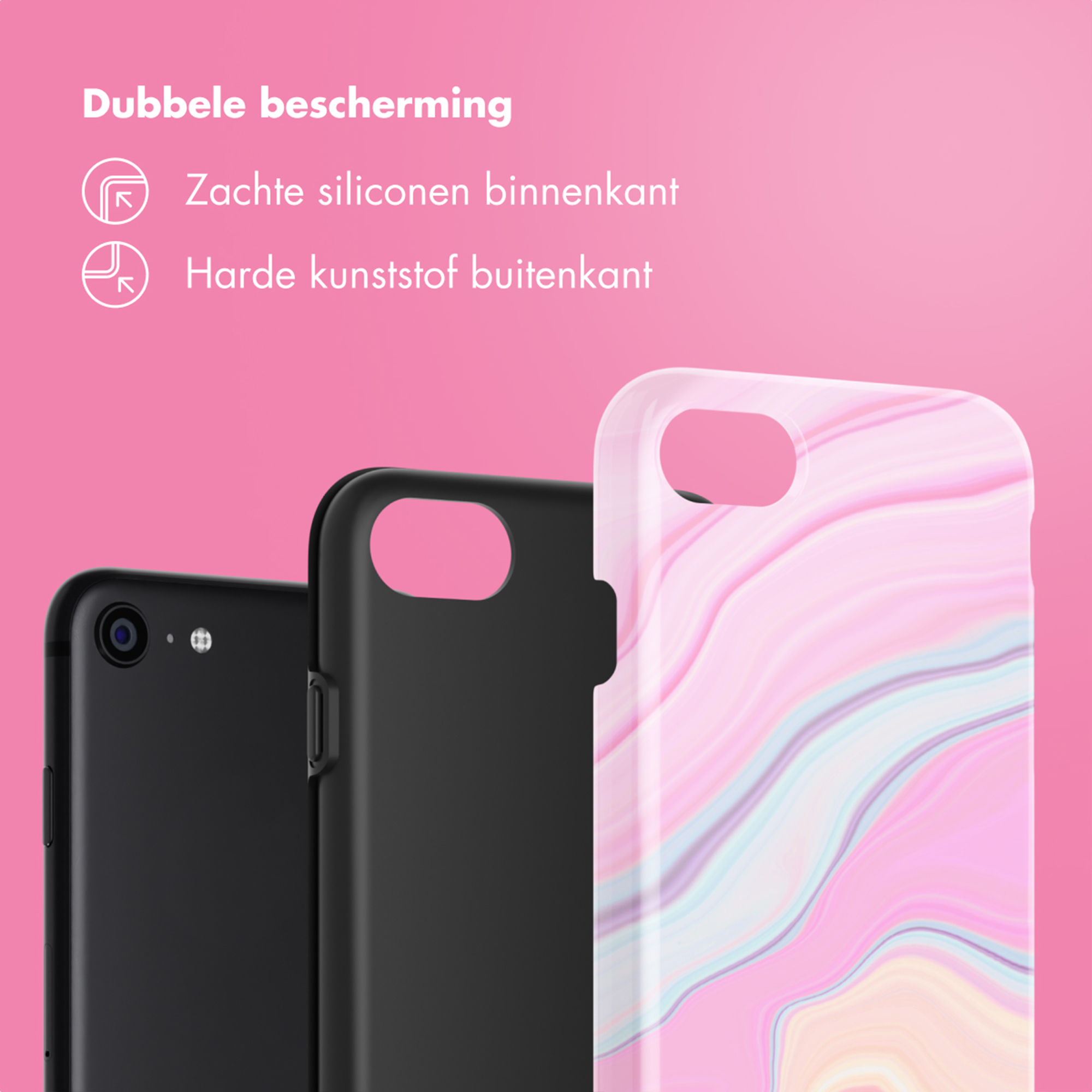 Trois coques de téléphone, deux noires, une à motif marbre rose et bleu.