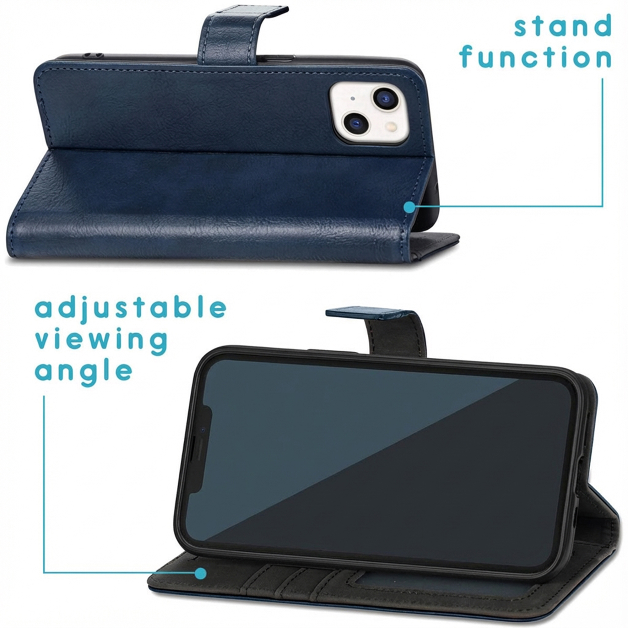 Donkerblauw telefoonhoesje met standaardfunctie.