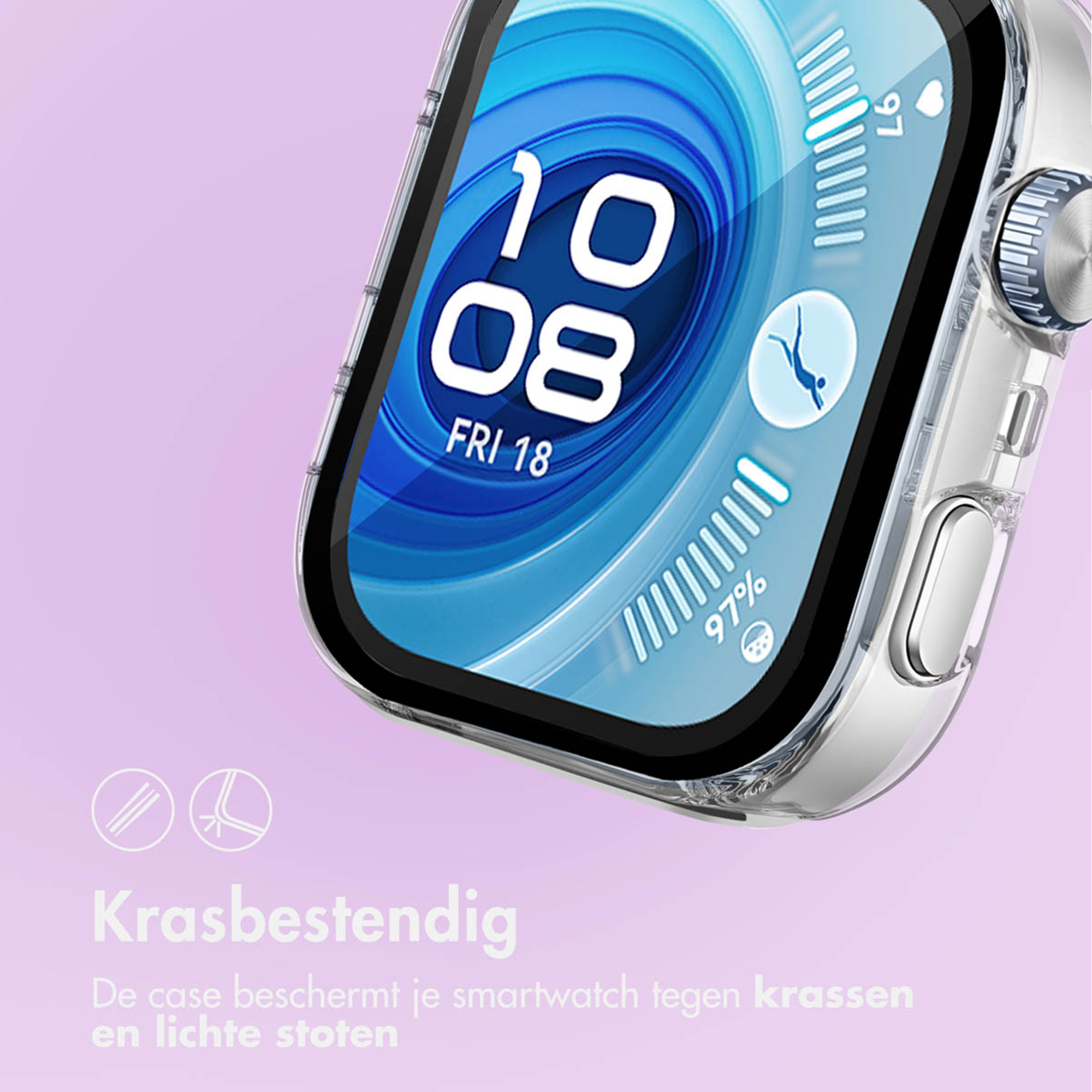 Een doorzichtige beschermhoes voor een smartwatch met tijd en statistieken. Lichtpaarse achtergrond.