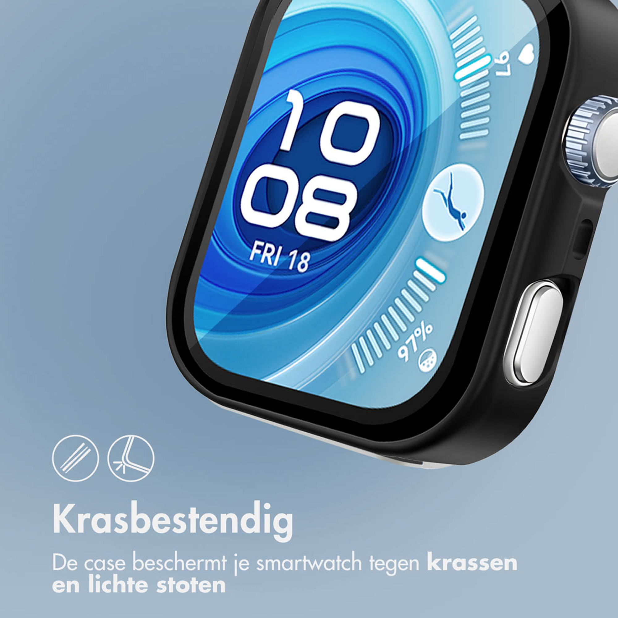 Een zwarte smartwatch hoes met een blauw wijzerplaat die 10:08 toont.