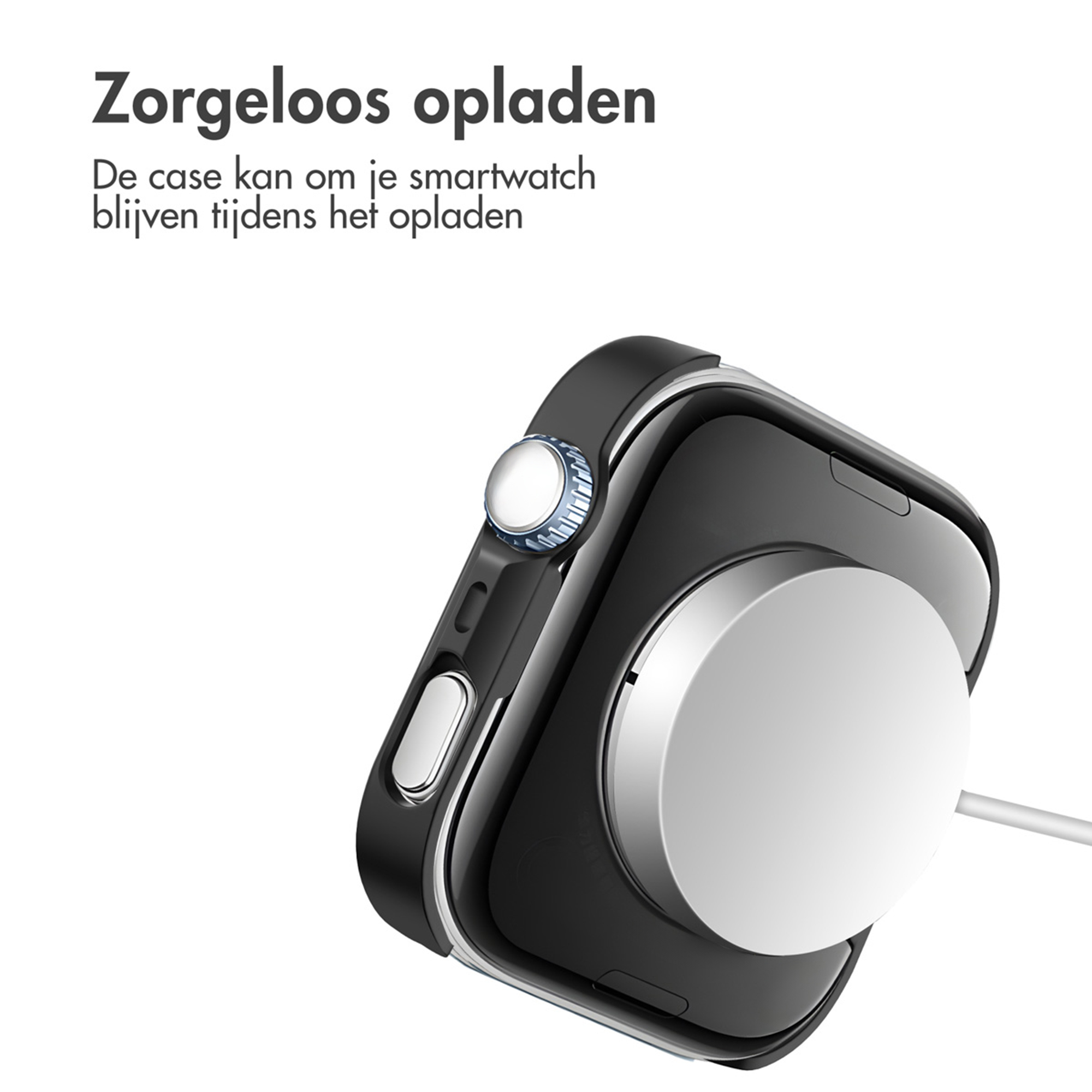 Een zwarte smartwatch hoes laadt op een witte lader.