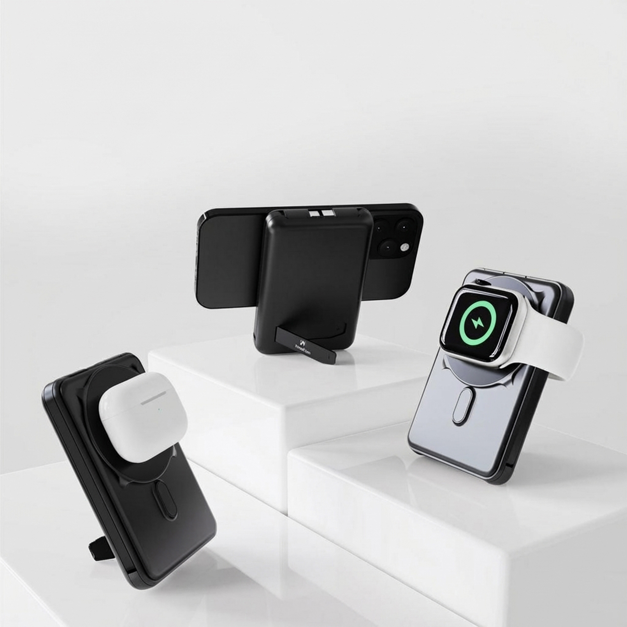 Trois chargeurs noirs avec appareils dessus, sur des marches blanches.