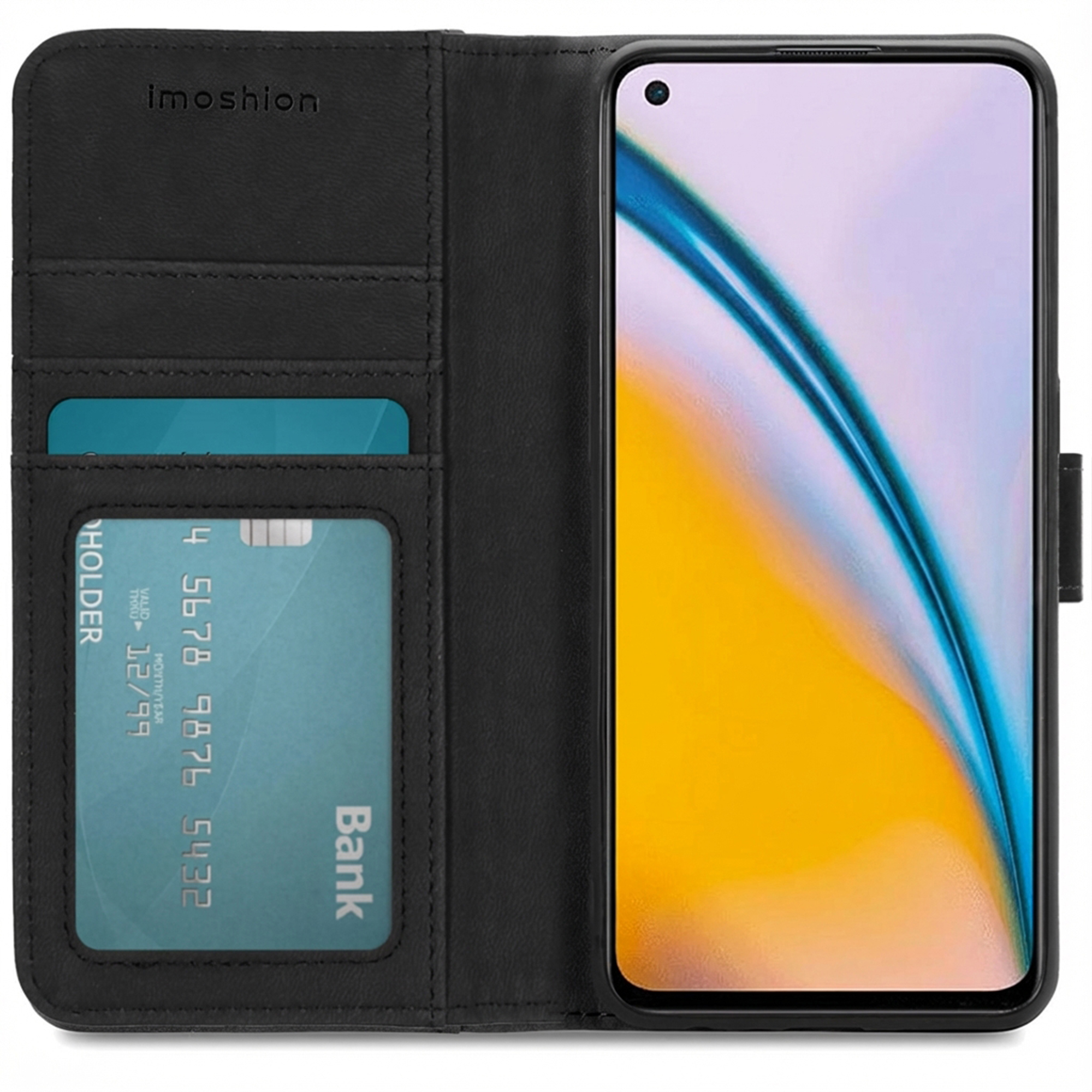 Étui portefeuille noir pour téléphone avec fentes pour cartes et téléphone.