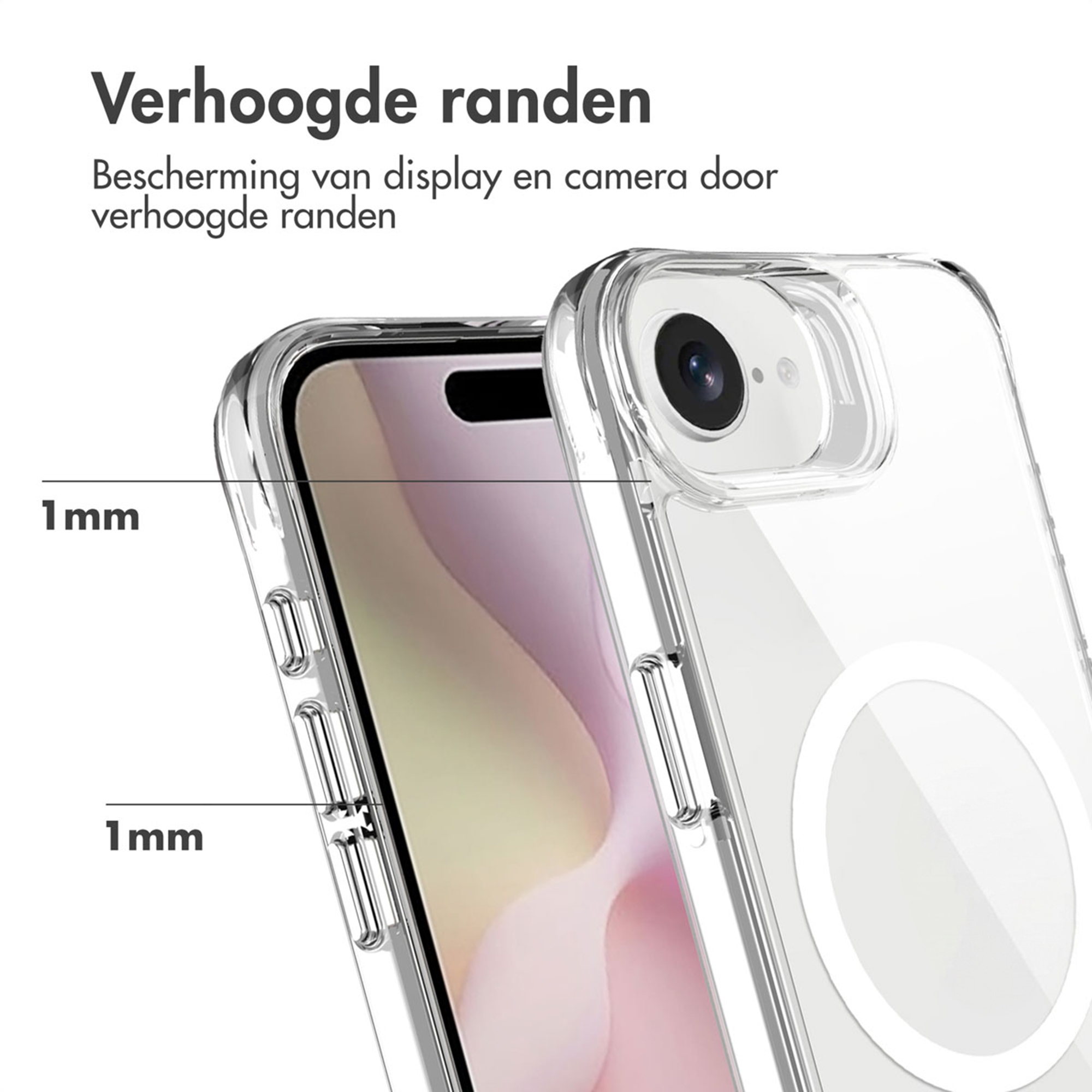 Clear phone case with 1mm raised edges for display and camera protection.