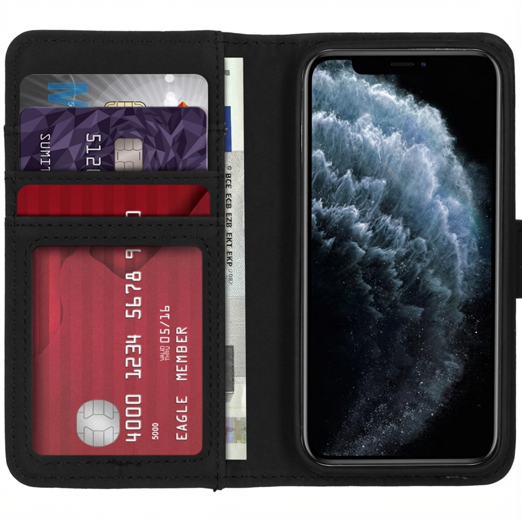 Étui portefeuille noir contenant des cartes de crédit, de l'argent et un smartphone affichant un ciel d'orage.