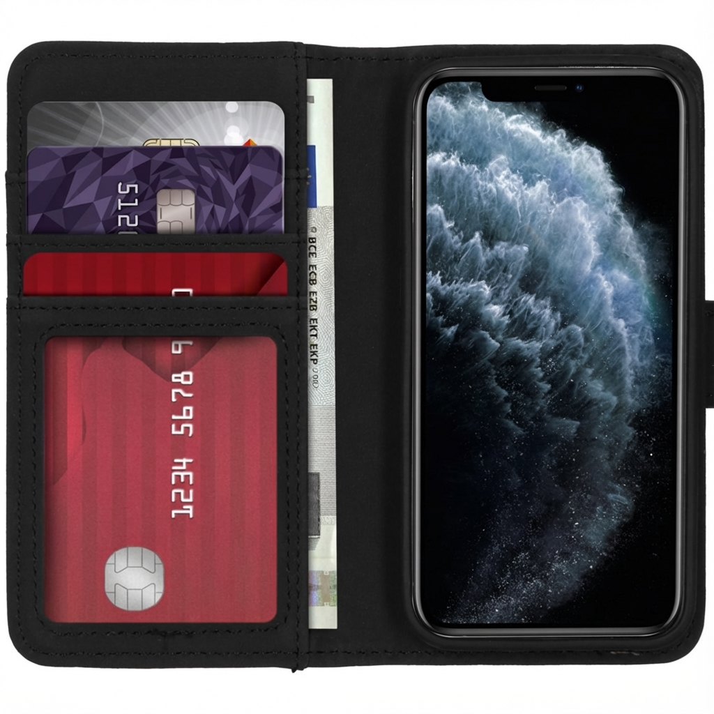 Un portefeuille noir avec un smartphone, des cartes de crédit et des billets.