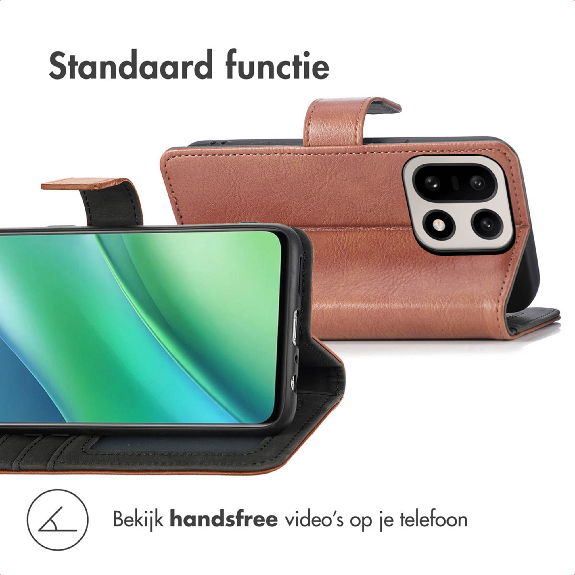 Étui à rabat en cuir marron pour smartphone, montrant le module caméra et l'écran.