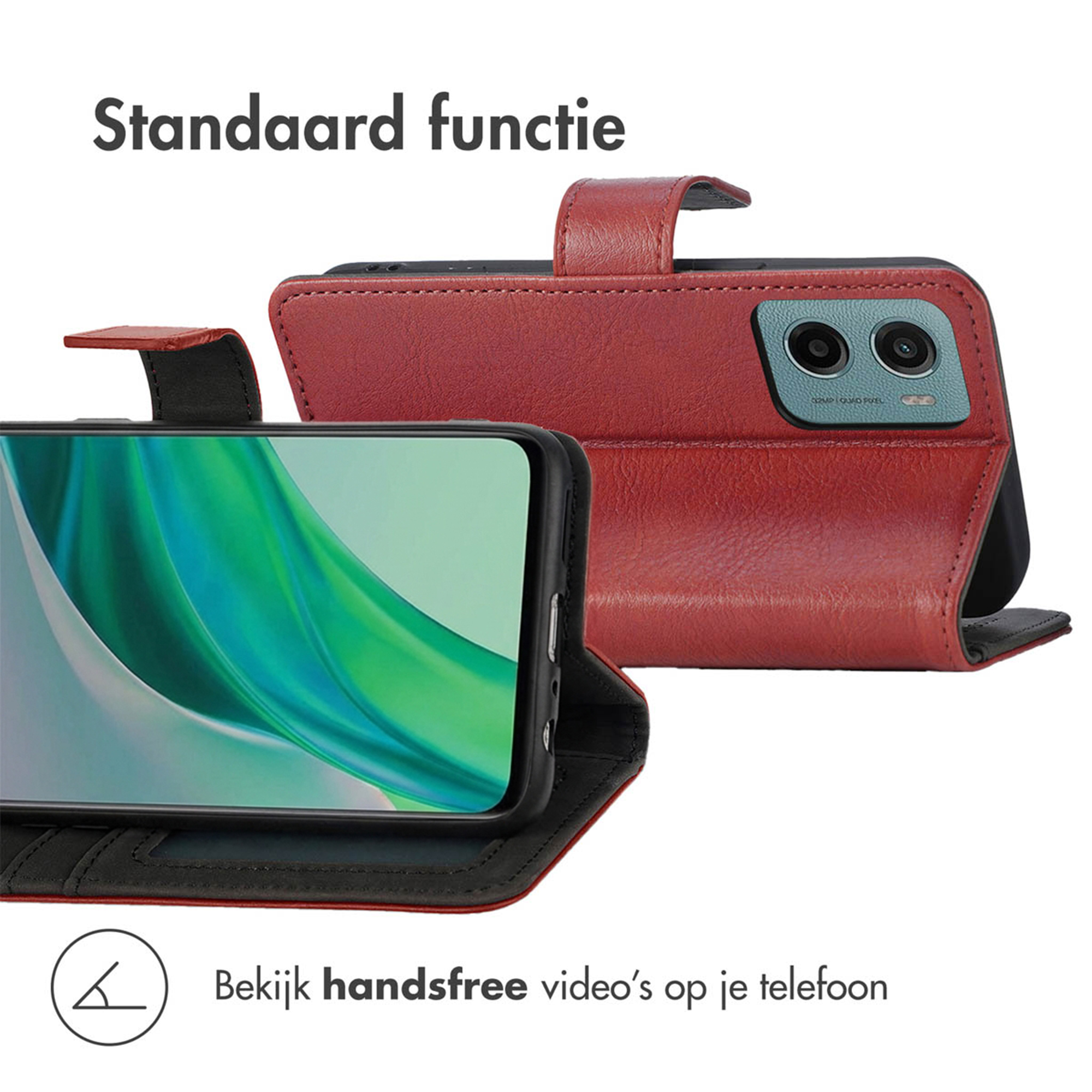 Rode flip telefoonhoes met ingebouwde standaard en telefoonscherm.