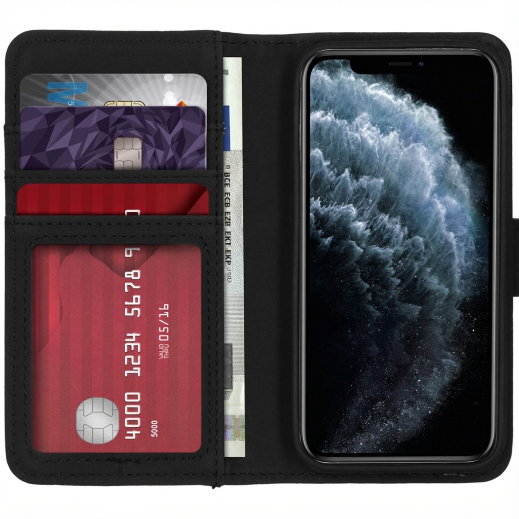 Étui portefeuille noir avec cartes de crédit, argent et téléphone affichant une image abstraite bleue et blanche.