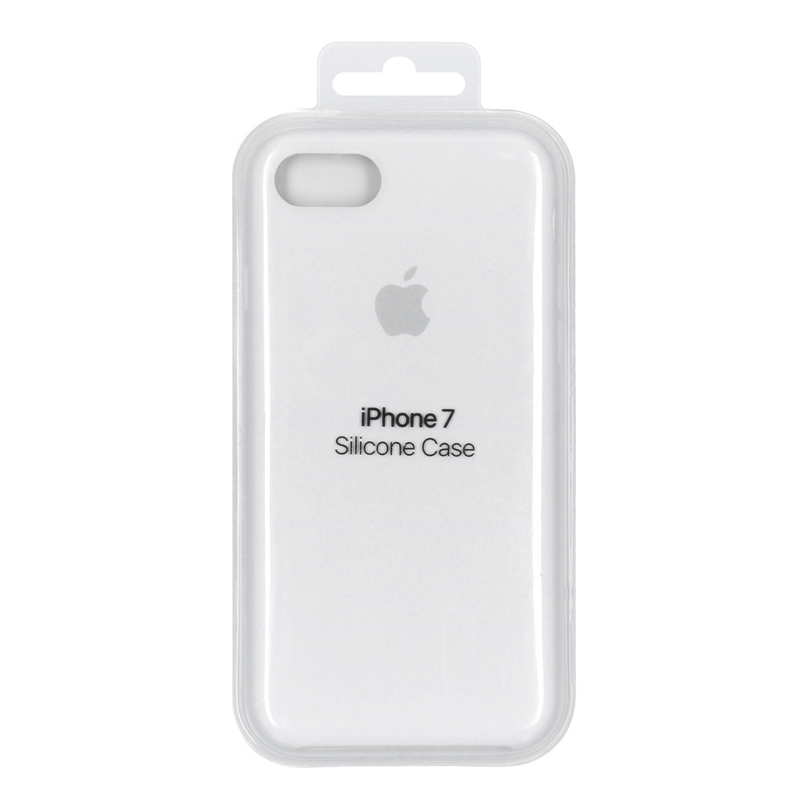 White iPhone 7 silicone case in clear packaging with hanging tab.