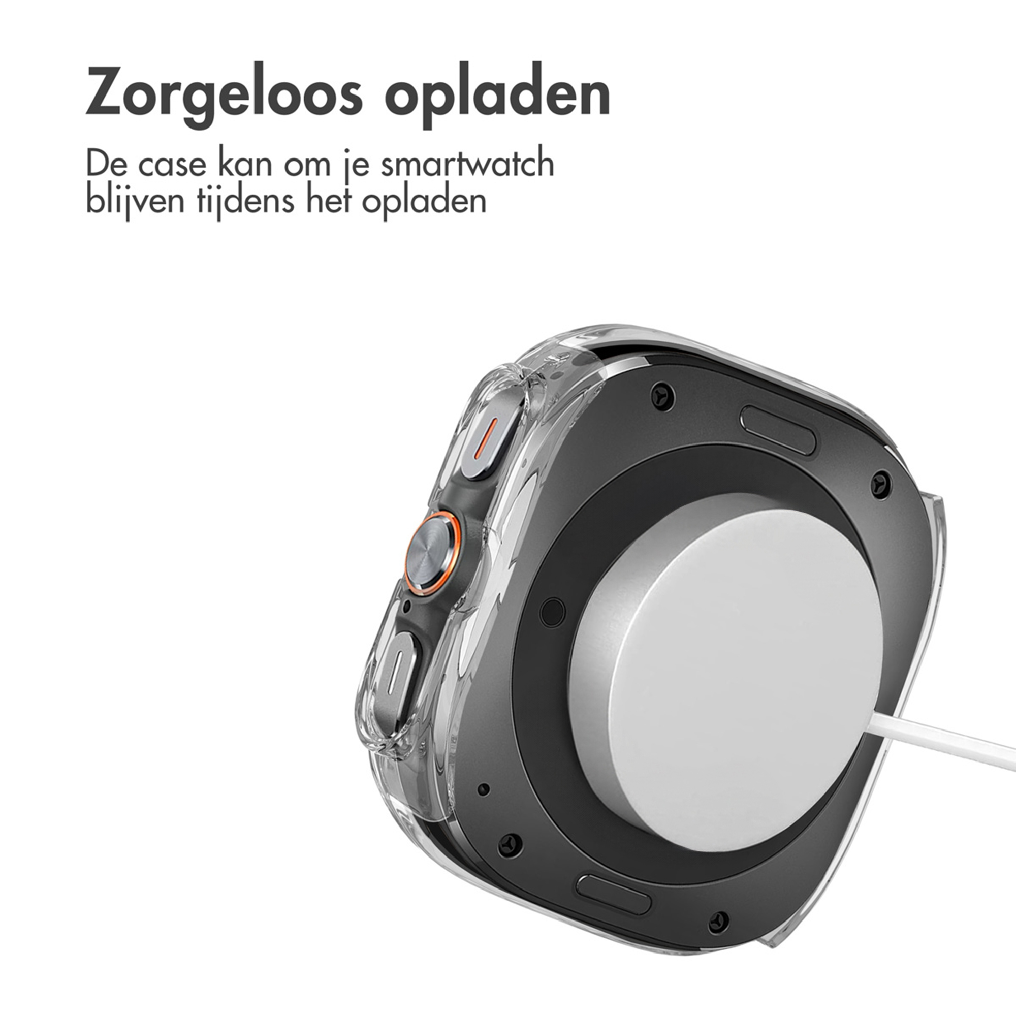 A clear case protects a smartwatch on a charger.