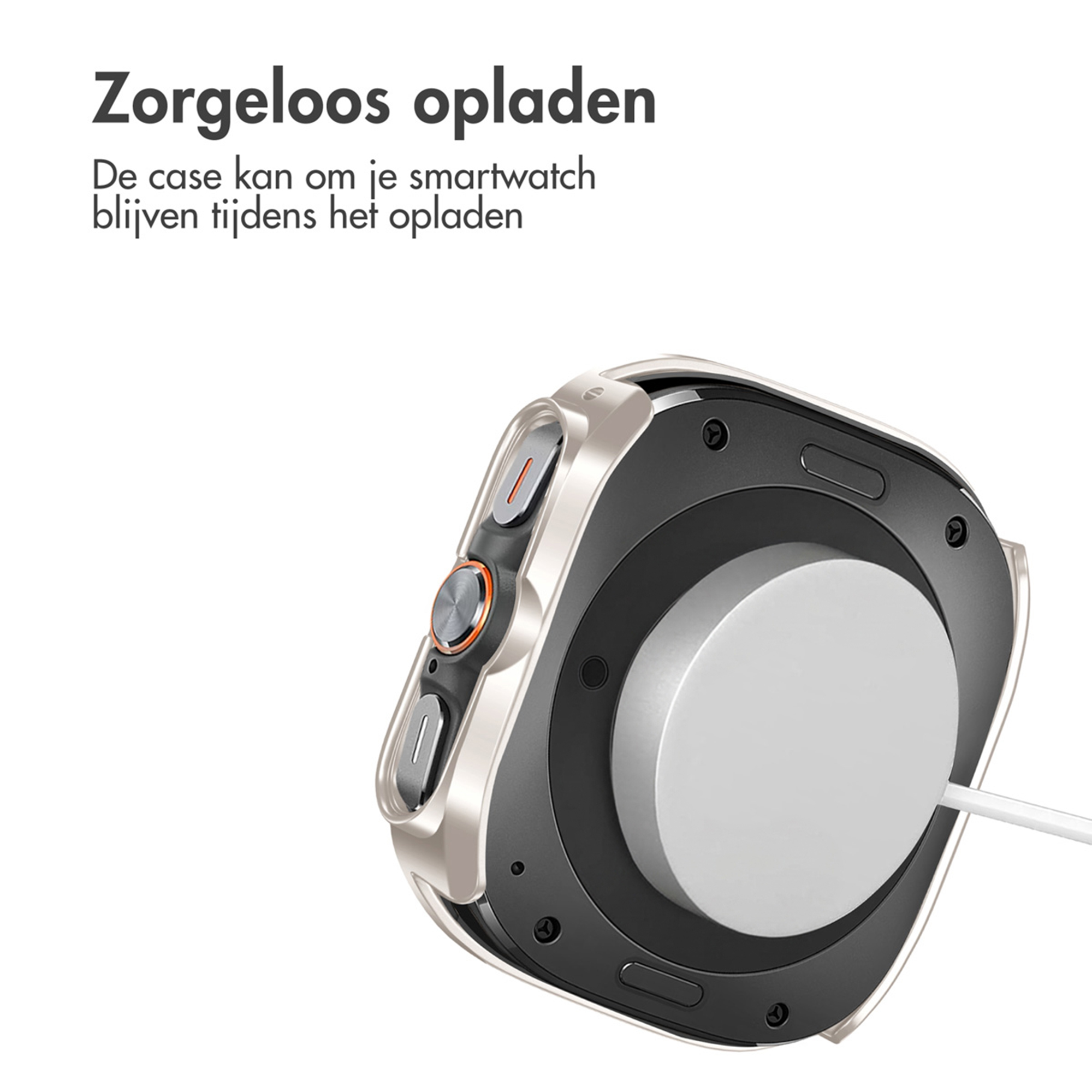 A smartwatch case rests on a charging dock.