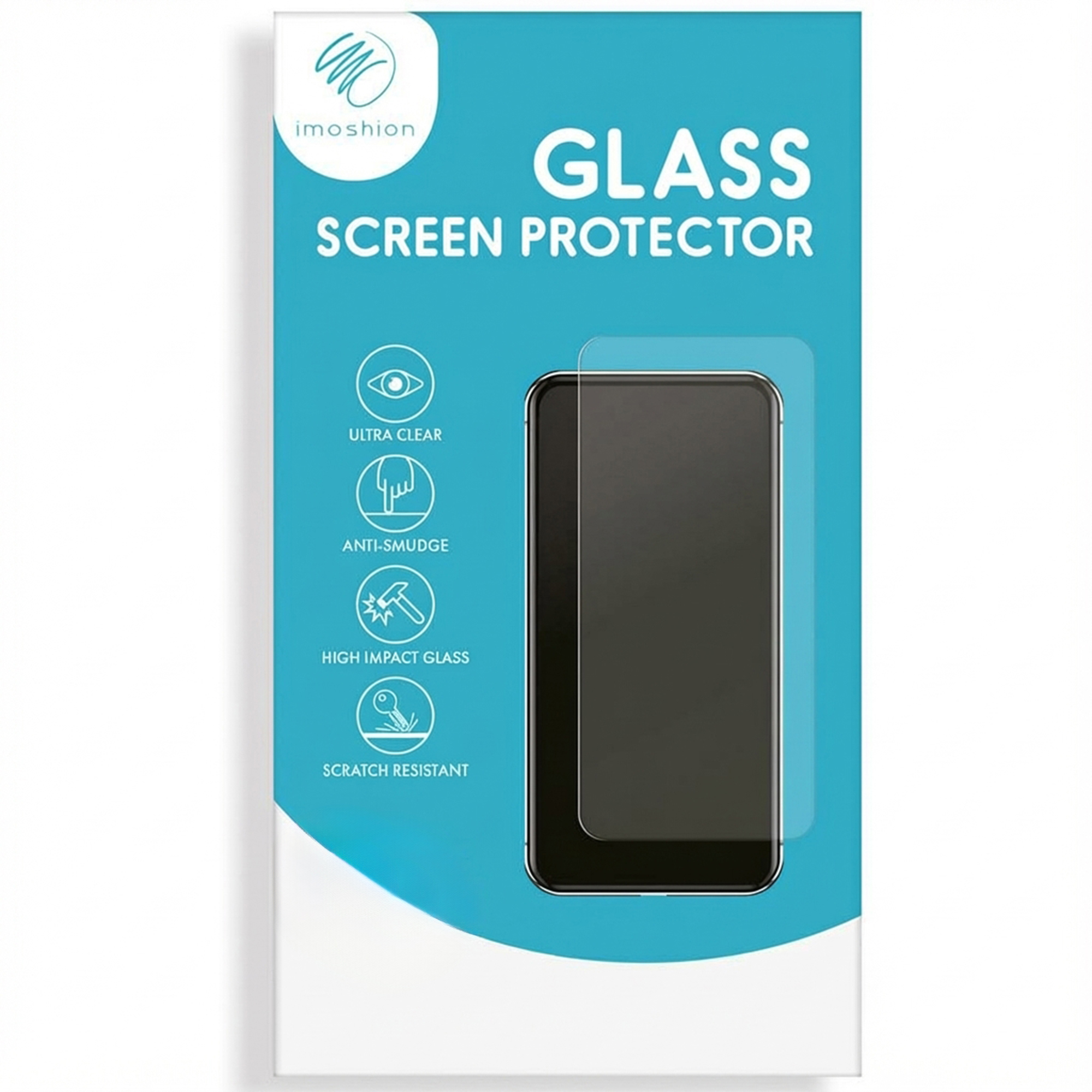 Verpakking voor glazen screenprotector met smartphone-mockup.