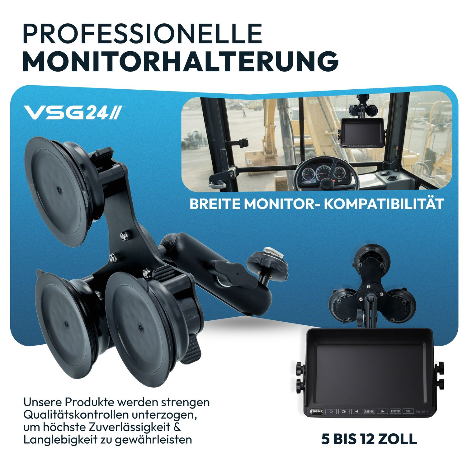 Professionelle Monitorhalterung mit Saugnapf-Befestigung im Baustellenfahrzeug.