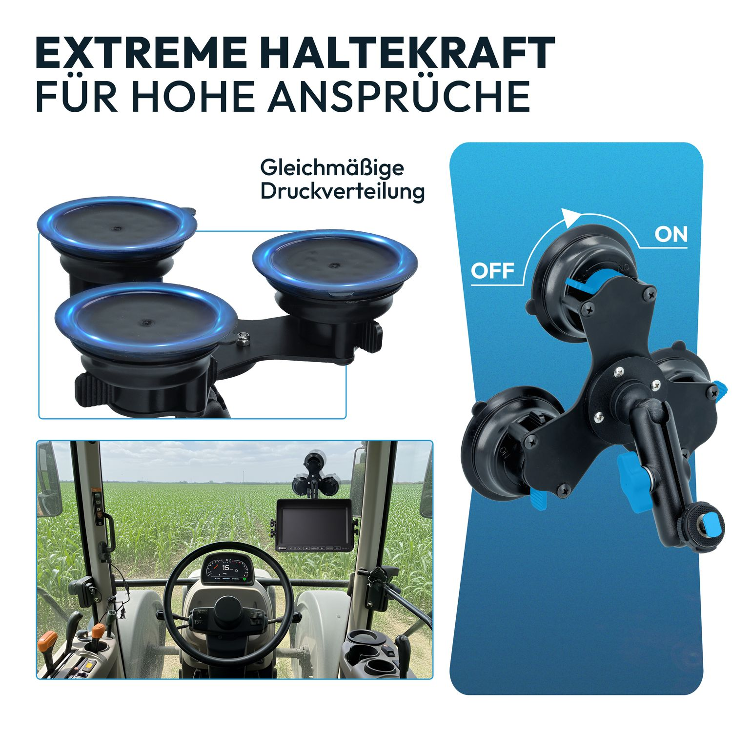 Ein Dreifach-Saugnapfhalter mit blauem Griff, montiert in einem Traktor.