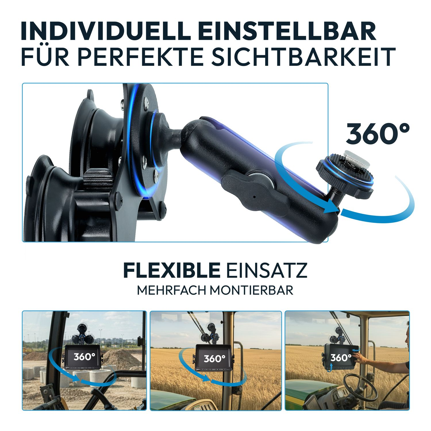 Ein schwarzer Saugnapfhalter mit verstellbarem Arm und 360-Grad-Drehung.