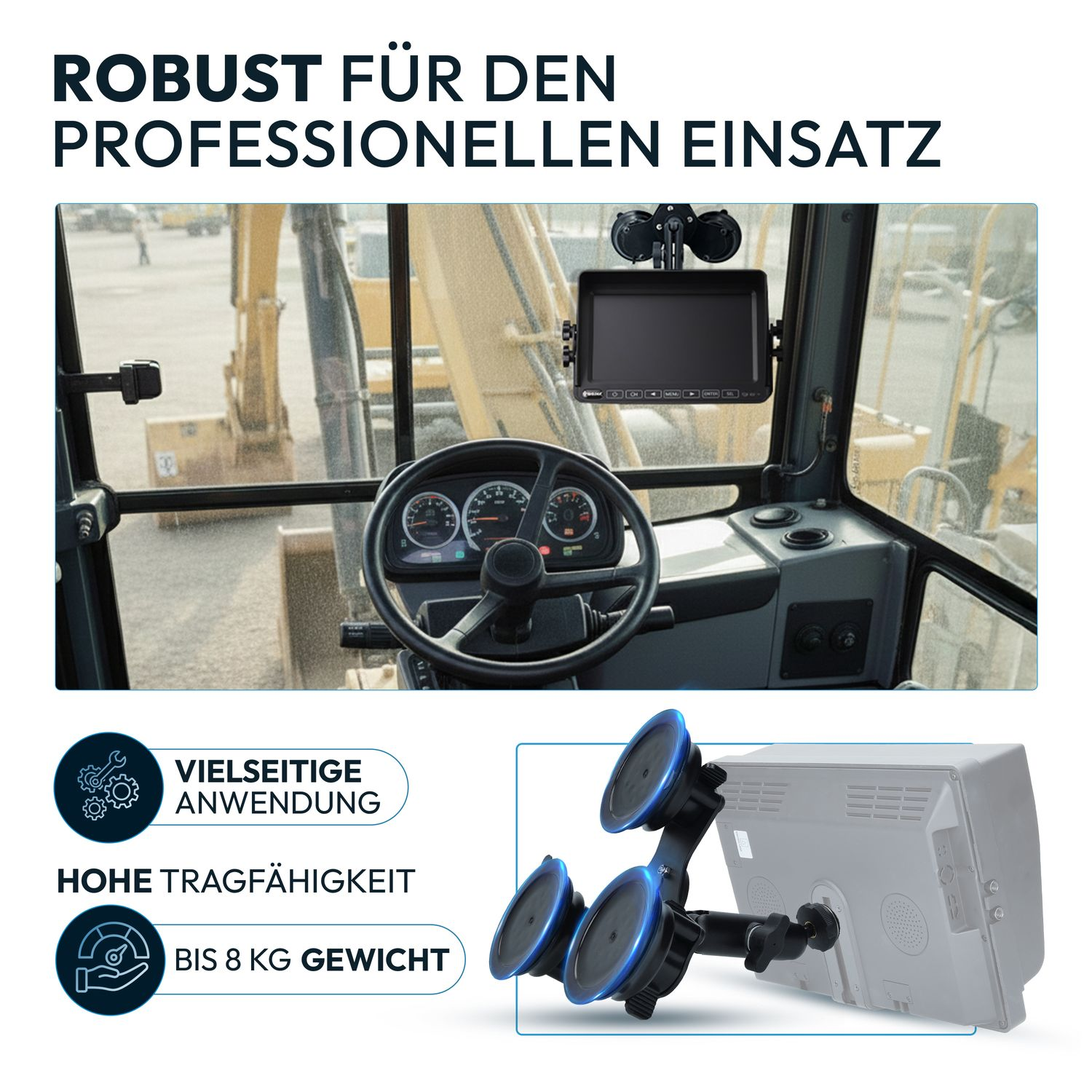 Kabinenansicht eines Baggers mit Monitor und Saugnapfhalterung.