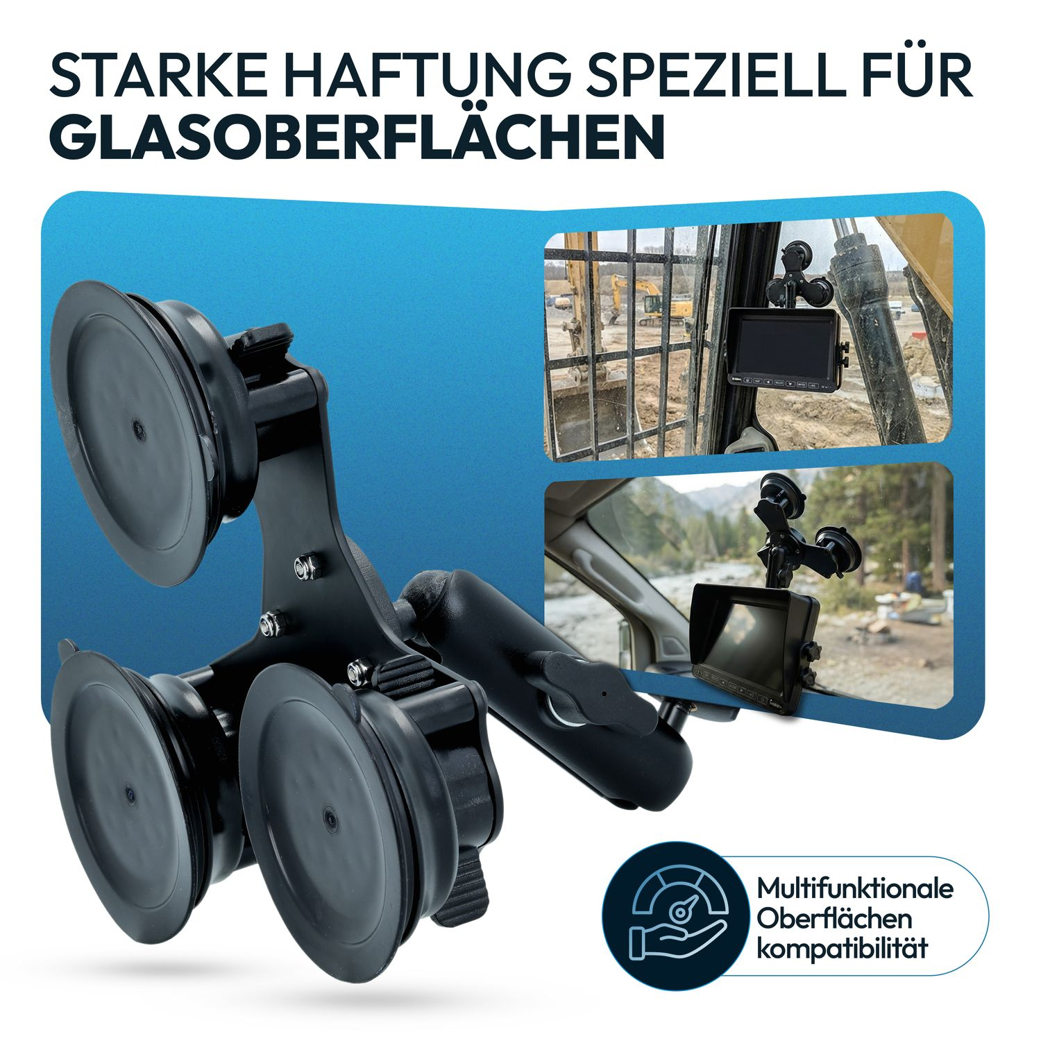 Schwarzer Saugnapfhalter für Bildschirme, gezeigt in einem Bagger und Auto.