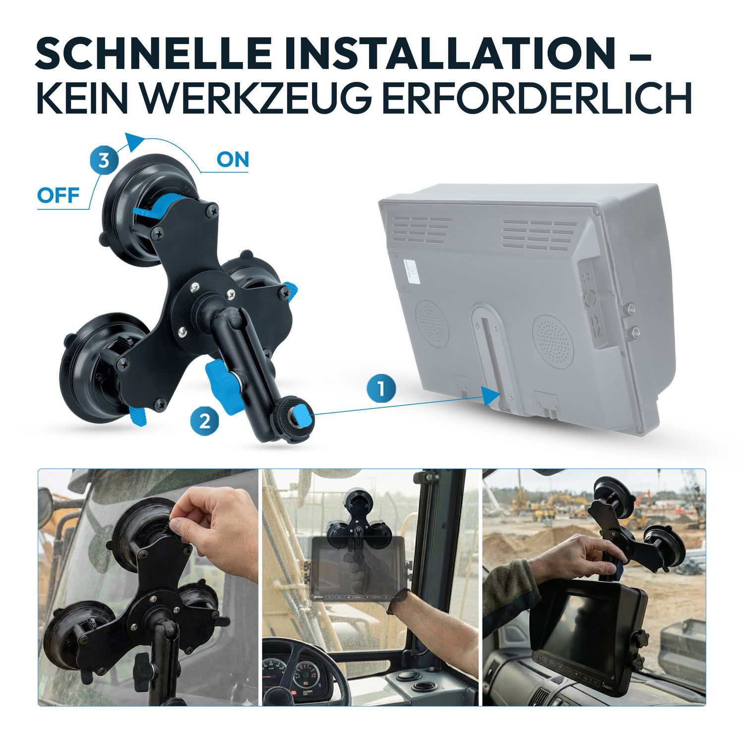 Saugnapfhalterung für schnellen Einbau ohne Werkzeug, mit Anleitung.