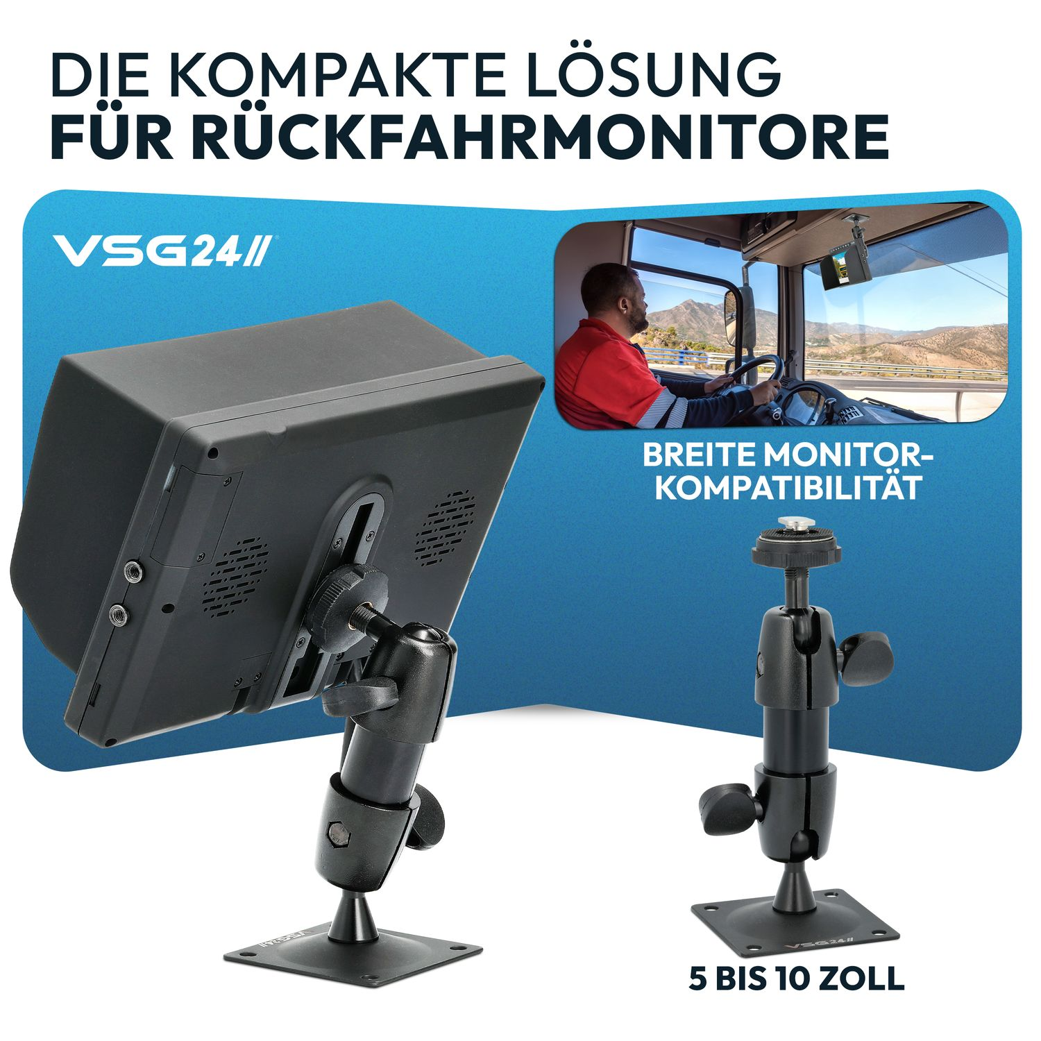 Ein Monitor mit Halterung und ein Fahrer in einem LKW mit Monitor.