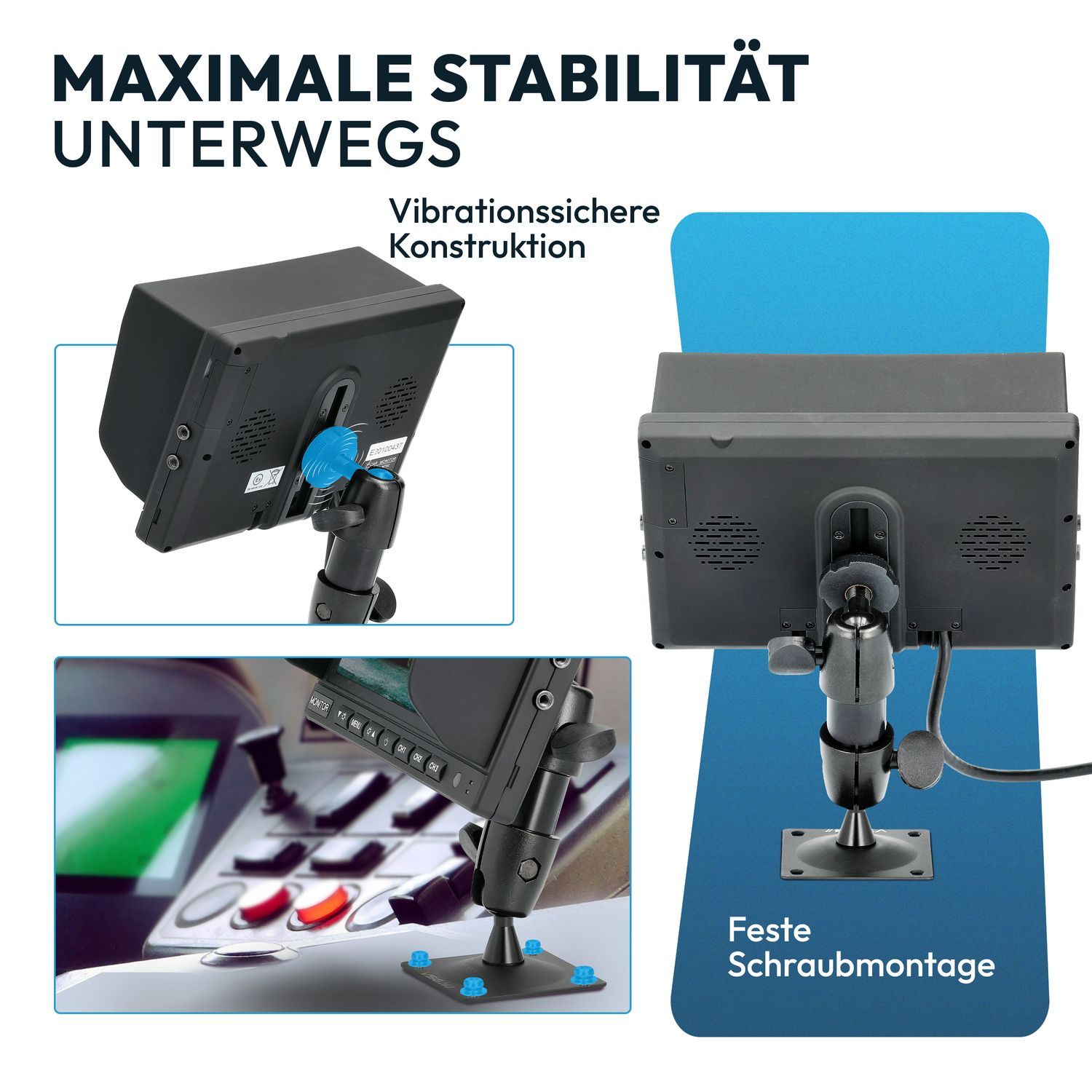 Monitor mit Halterung auf Armaturenbrett, Vibrationssicher und fest verschraubt.