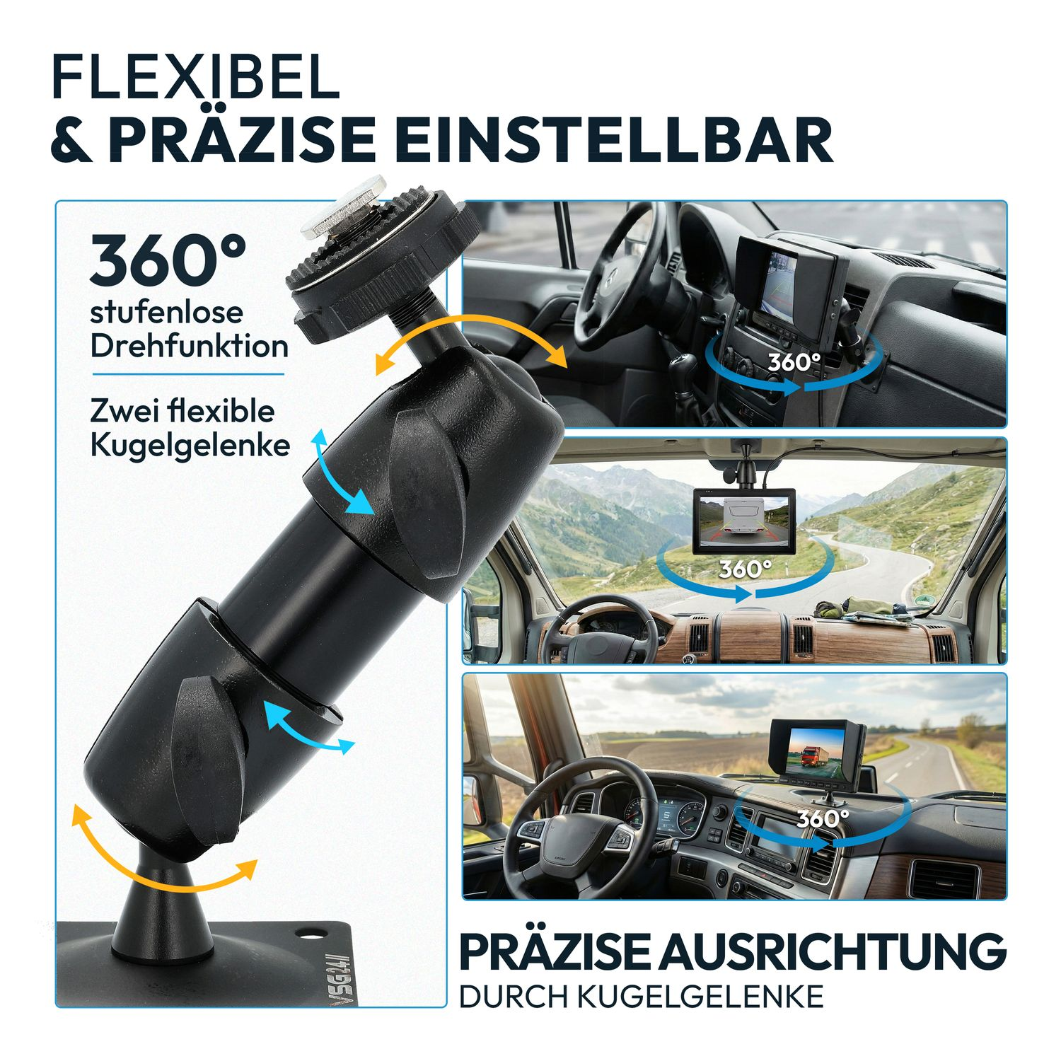 Flexibler und präziser Halter mit 360° Drehung für Wohnmobil und LKW-Cockpits.