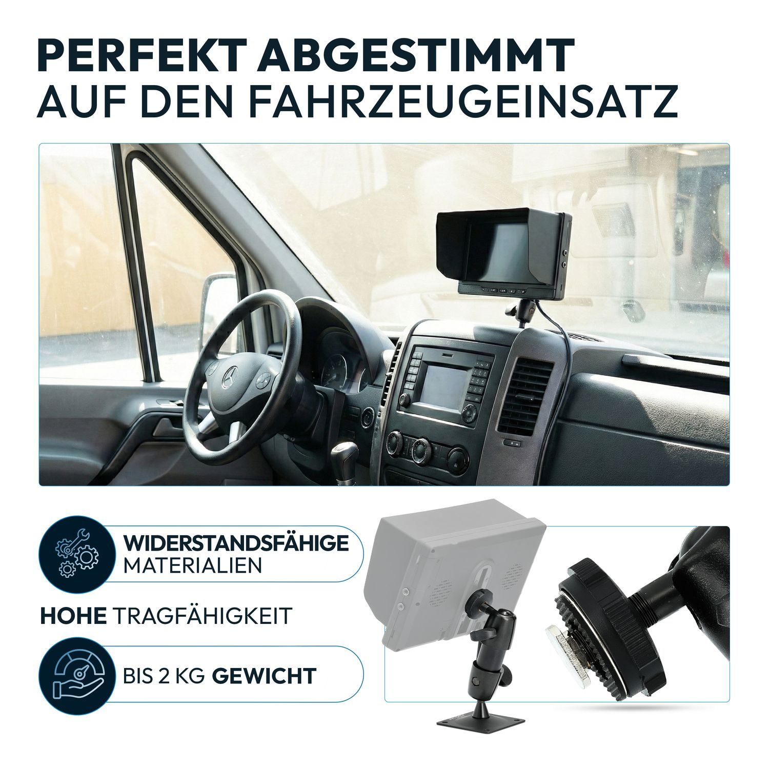 Innenraum eines Lieferwagens mit Monitorhalterung und Textfeldern.