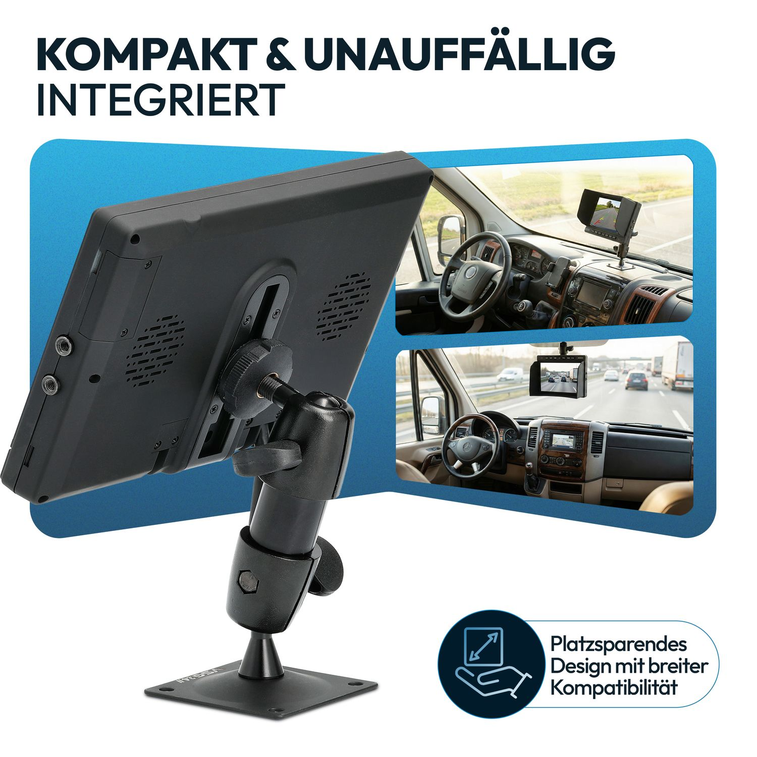 Schwarzes Display mit Halterung in einem Van-Armaturenbrett montiert.