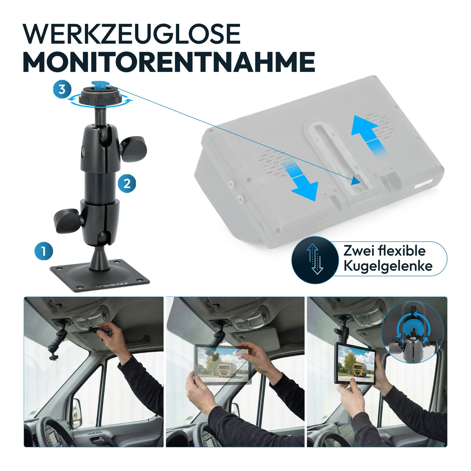 Werkzeuglose Monitoraufnahme mit Kugelgelenken und Montageanleitung im Auto.