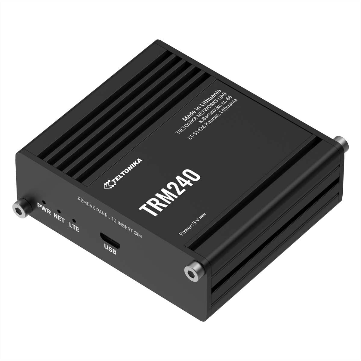 Routeur Teltonika TRM240 noir avec étiquettes PWR, NET, LTE, USB et spécification d'alimentation.