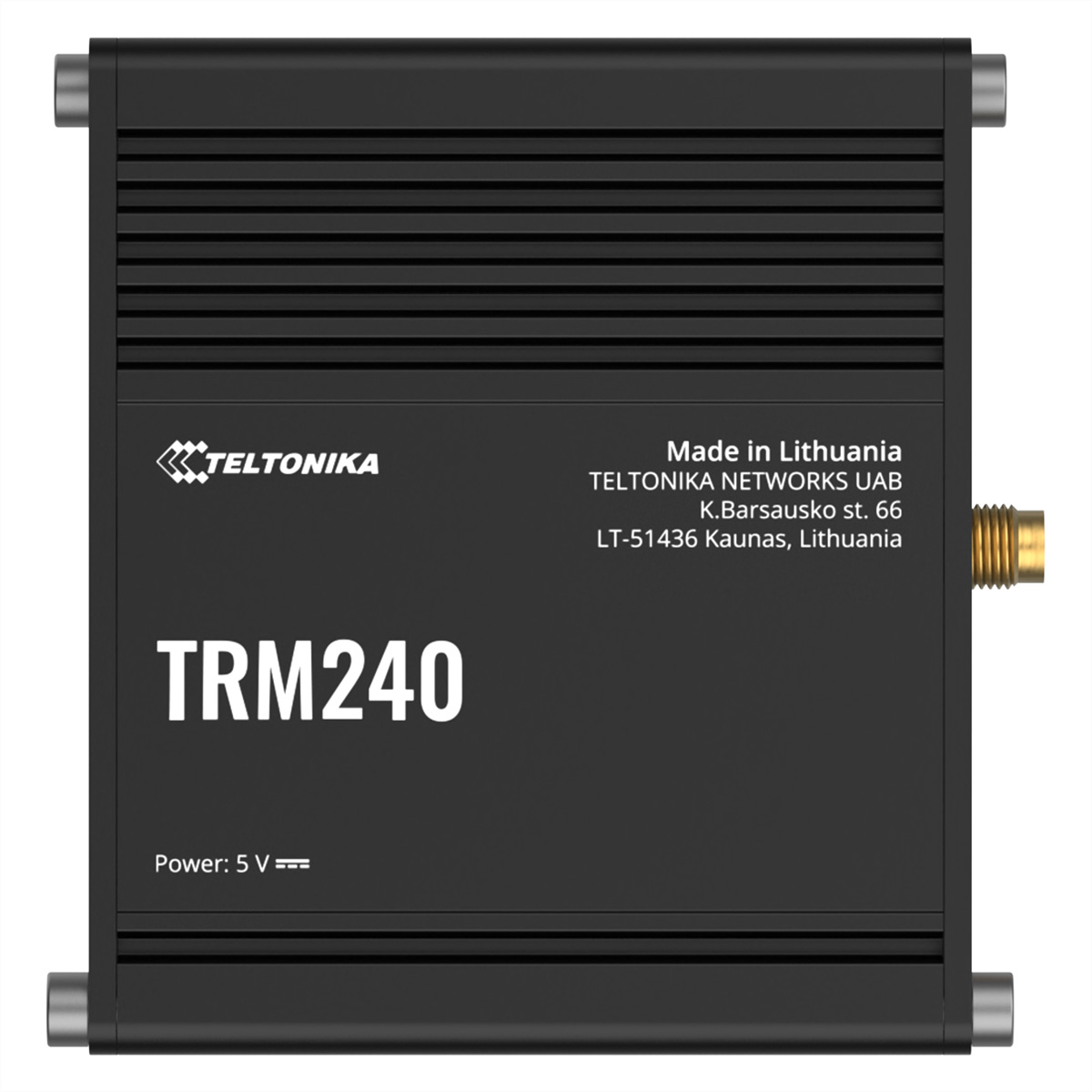Appareil noir Teltonika TRM240 avec fentes de ventilation et étiquettes.