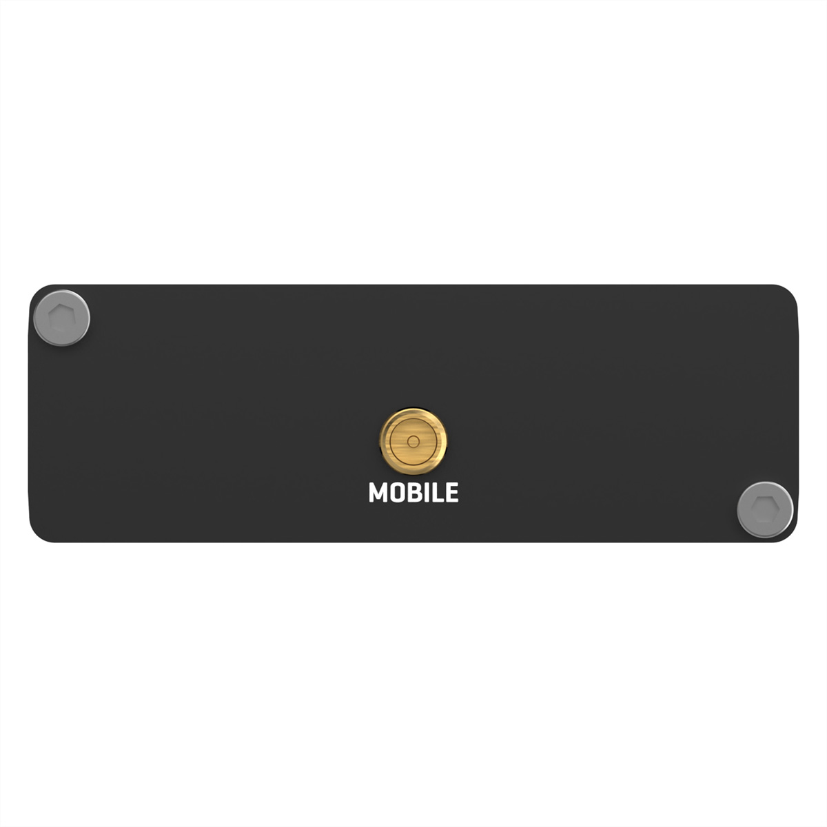 Rectangle noir avec vis argentées et cercle doré avec "MOBILE".