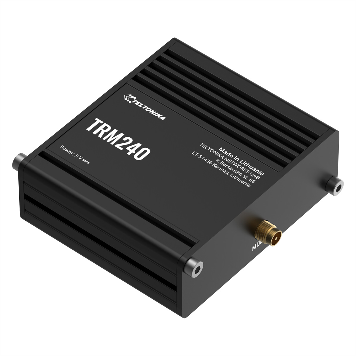 Appareil noir Teltonika TRM240 avec aérations et connecteurs.