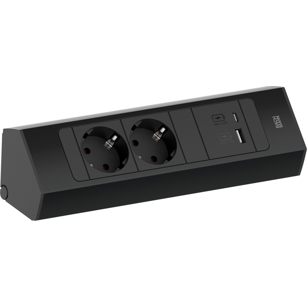 Zwarte stekkerdoos met twee stopcontacten en twee USB-poorten, inclusief USB-C.