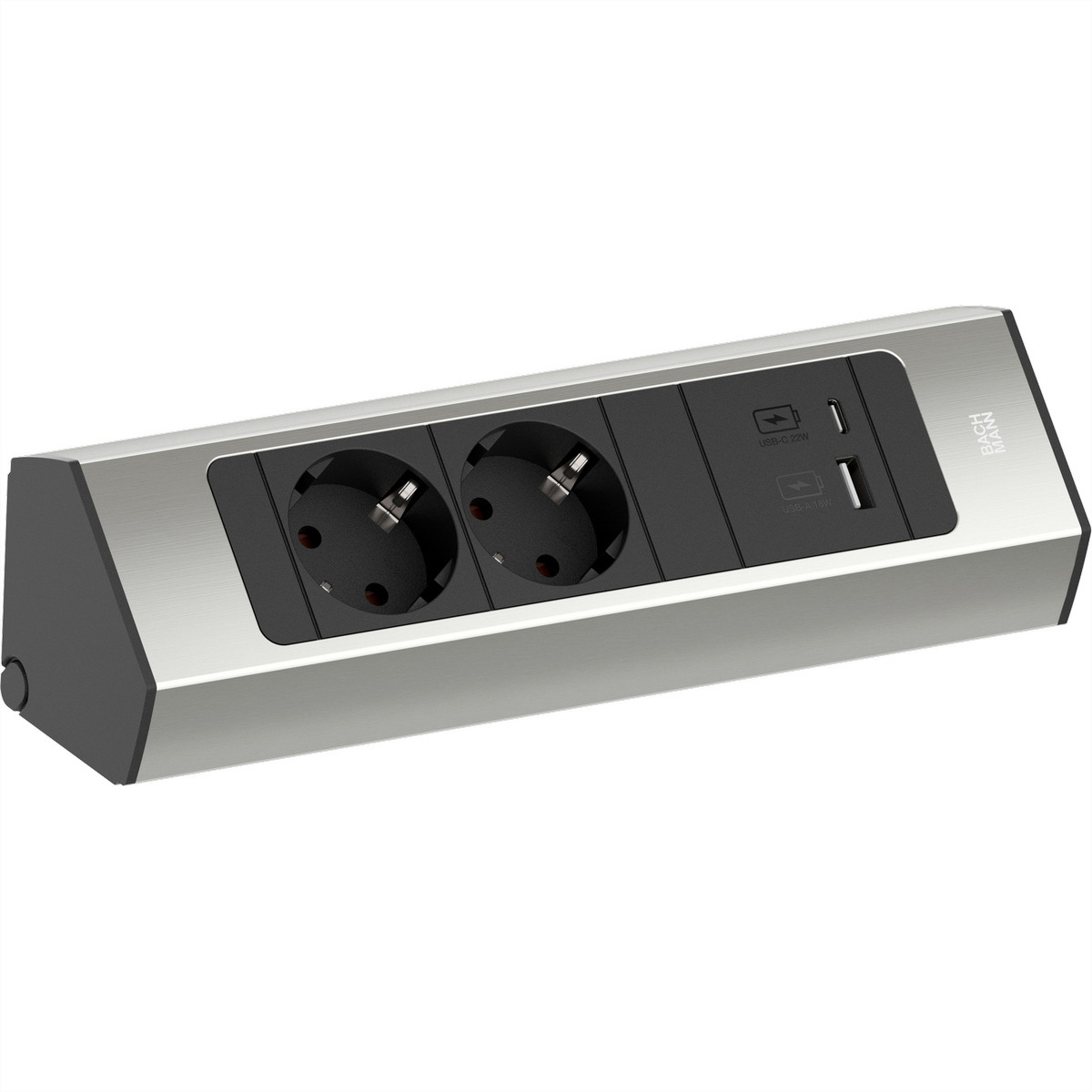 Zilveren stekkerdoos met twee stopcontacten en twee USB-poorten.