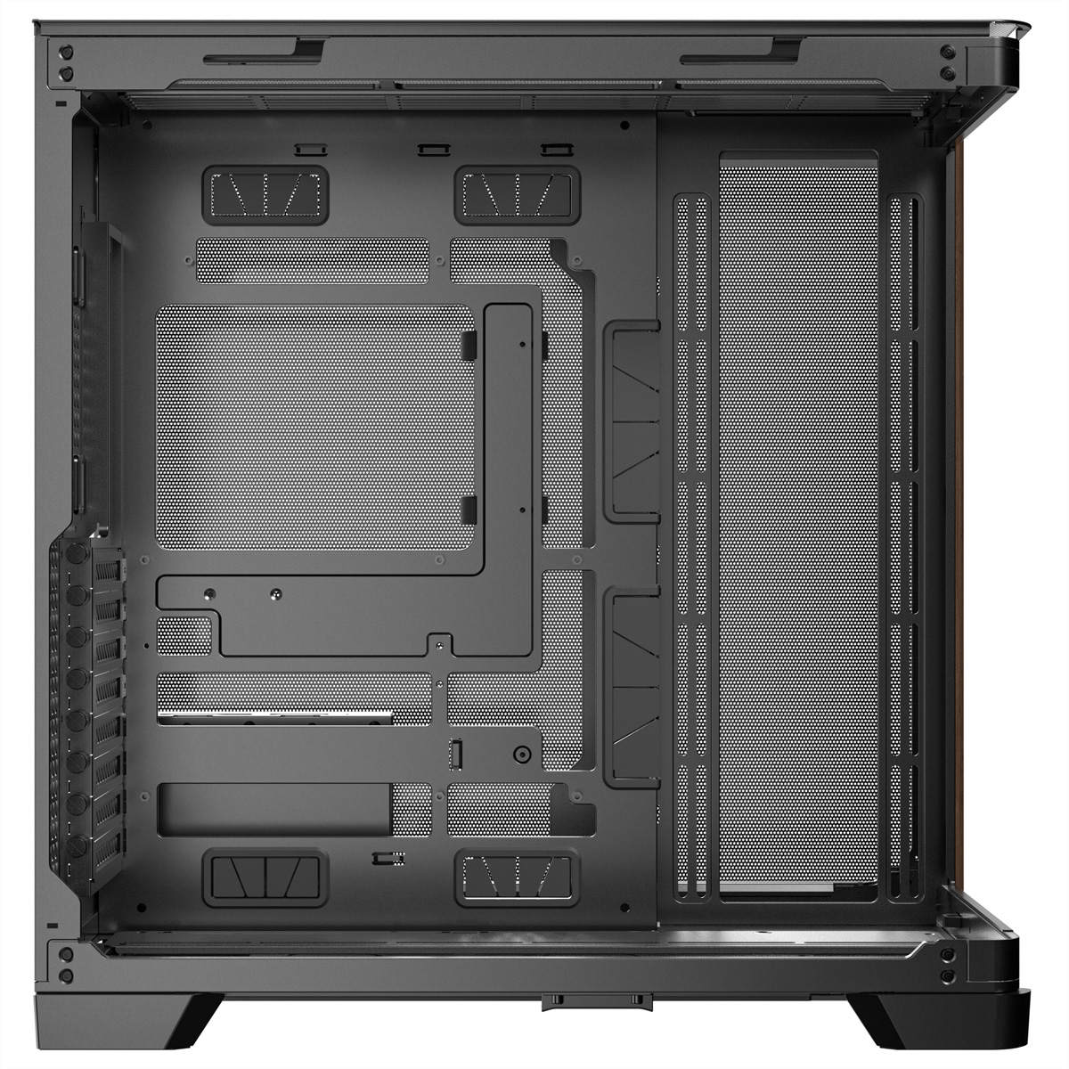 Widok wnętrza czarnej obudowy komputera z otworami wentylacyjnymi i punktami montażowymi.