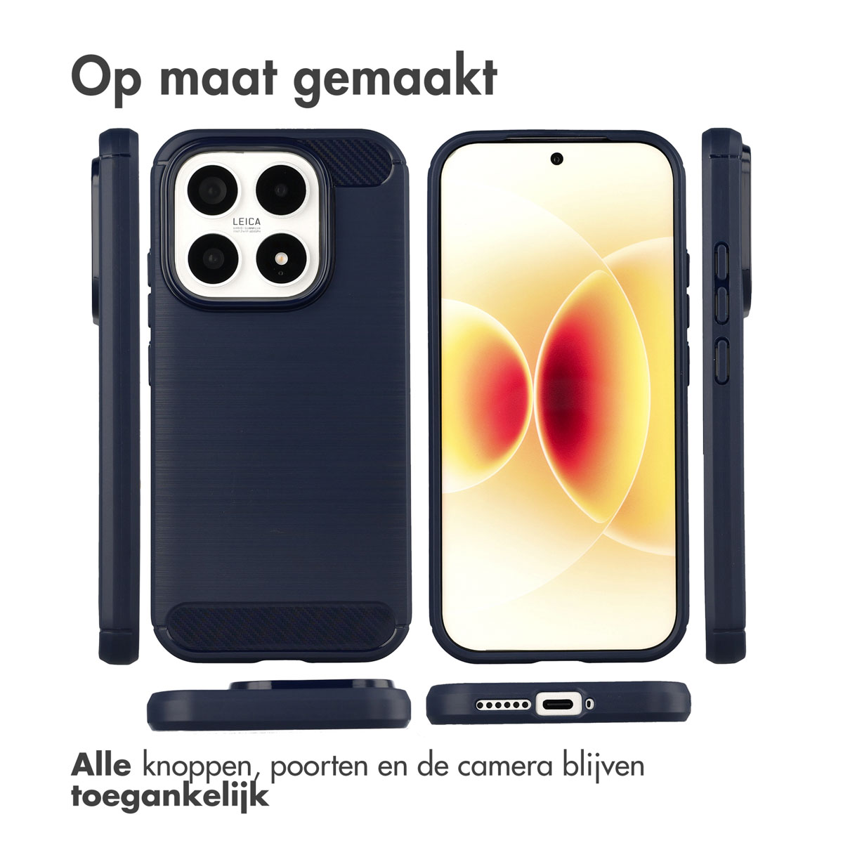 Donkerblauwe telefoonhoes set, voor-, achter- en zijaanzichten.