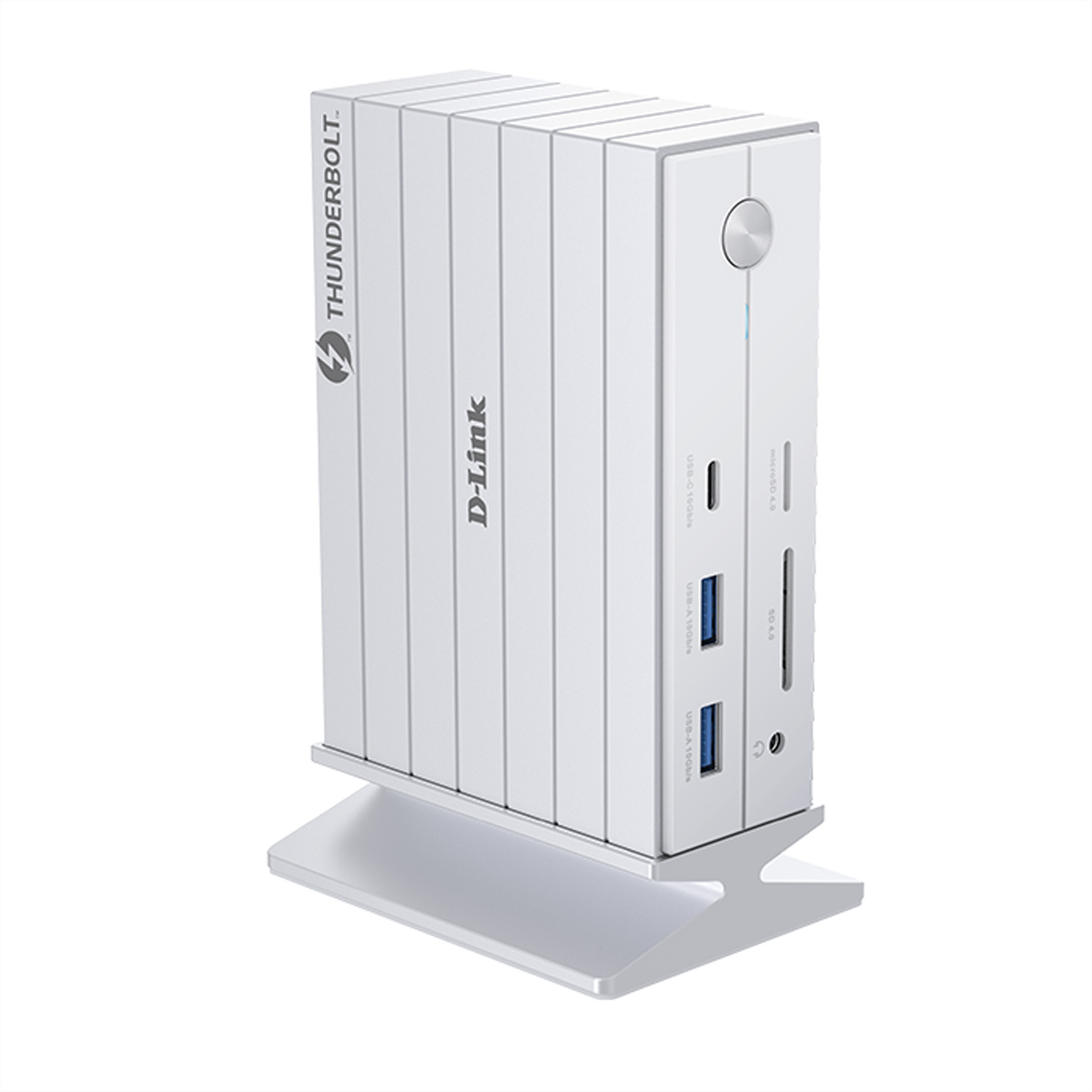 Un dock D-Link Thunderbolt bianco con slot per schede USB-A, USB-C, SD e microSD.