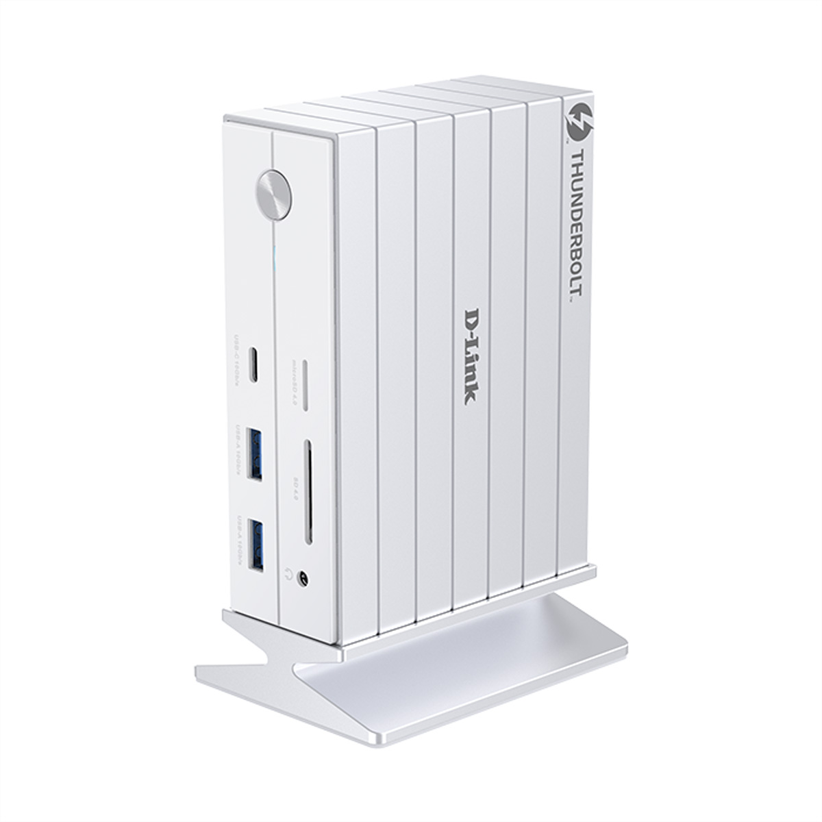 Un hub D-Link Thunderbolt bianco con slot USB e schede SD si trova su una base.