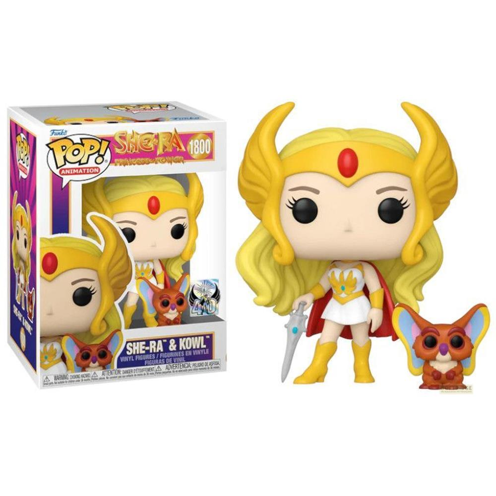 Figuras Funko Pop! de She-Ra y Kowl. She-Ra con espada y capa roja, Kowl a su lado.